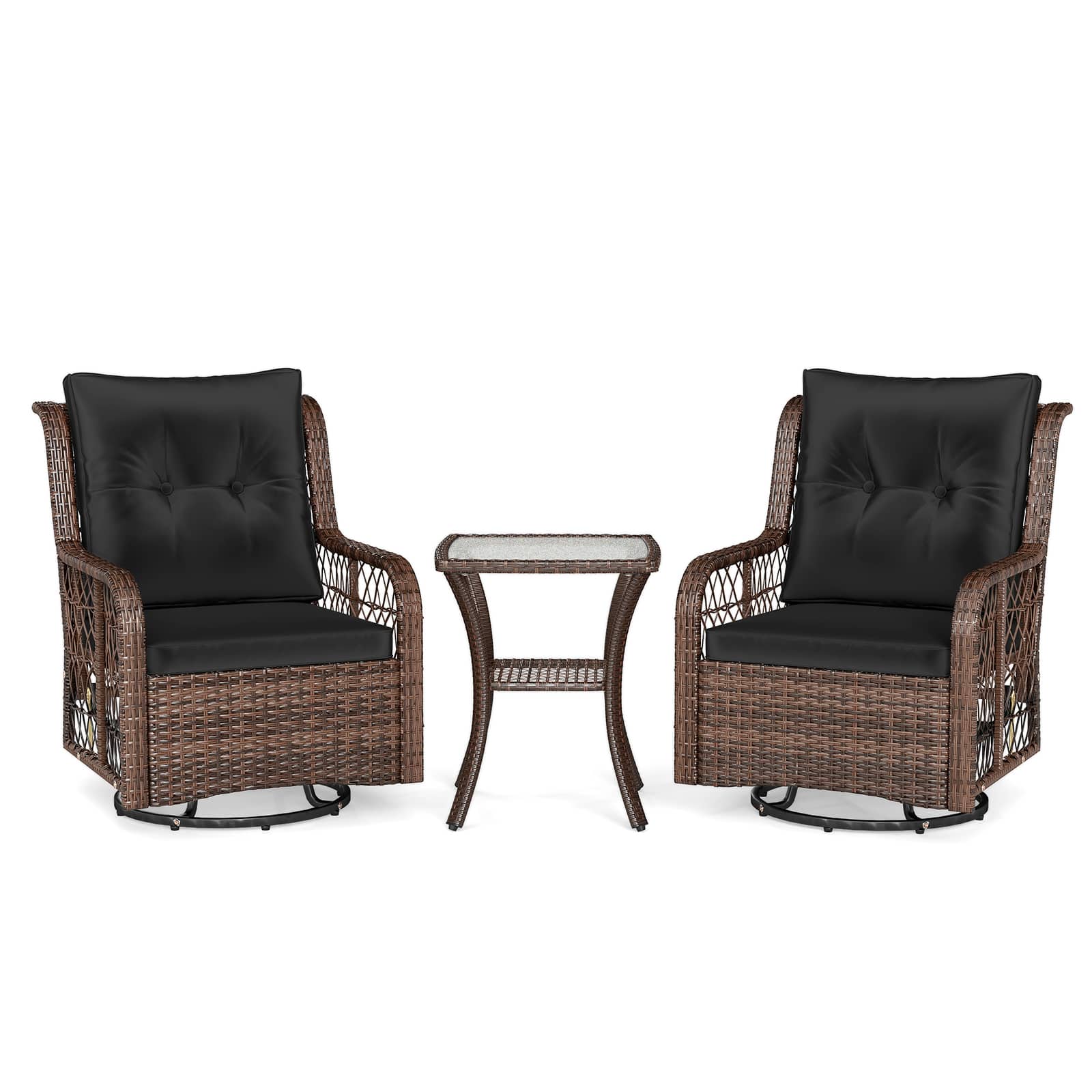 Gymax - Set Of 3 Patio Furniture Set w/ 2-Tier Side Table & Cushions for Porch Black - Mix Brown, Black