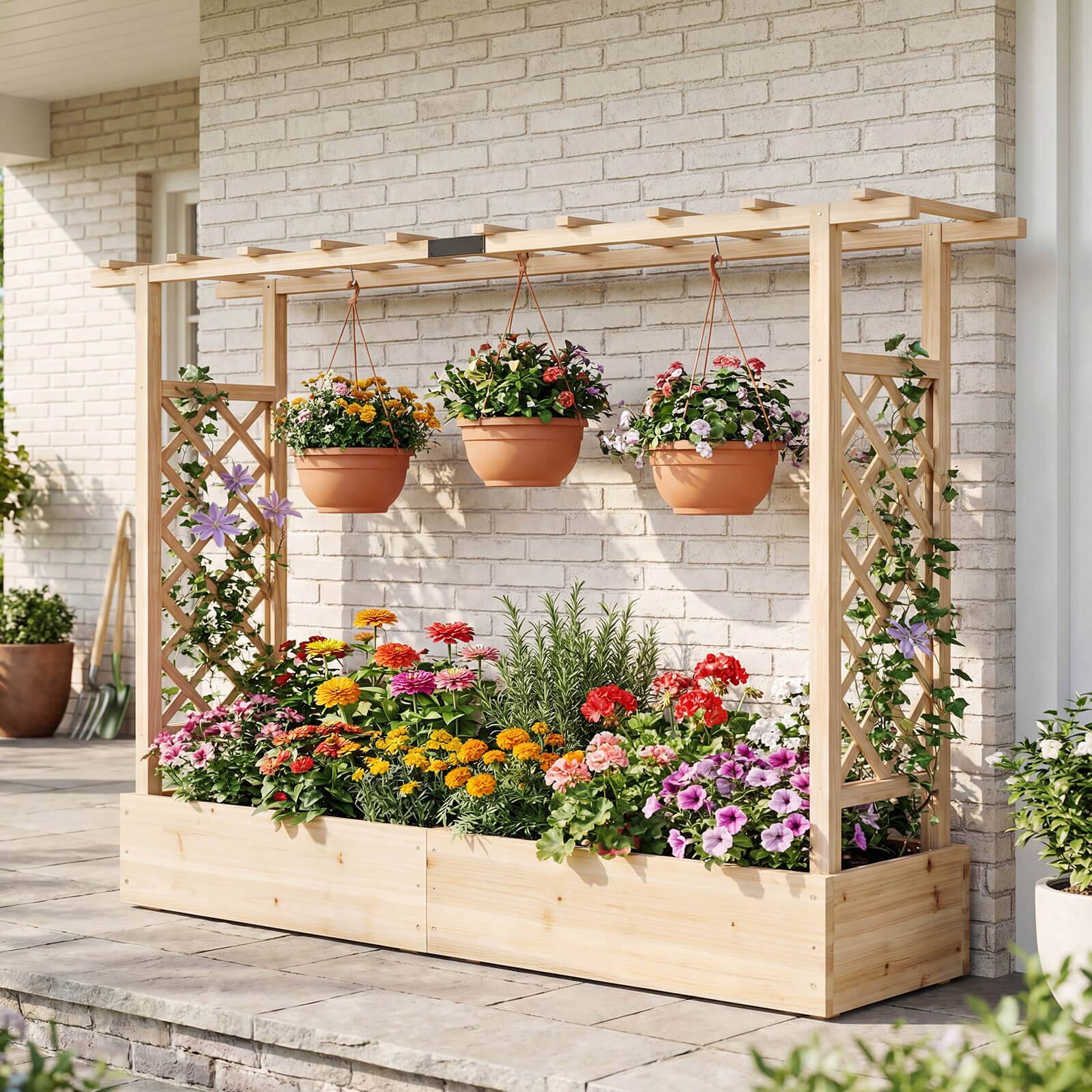 Alt View 3. Costway - Costway 1 PCS Wooden Raised Garden Bed with Trellis & Hanging Roof, Drainage Holes for Flowers - Natural.