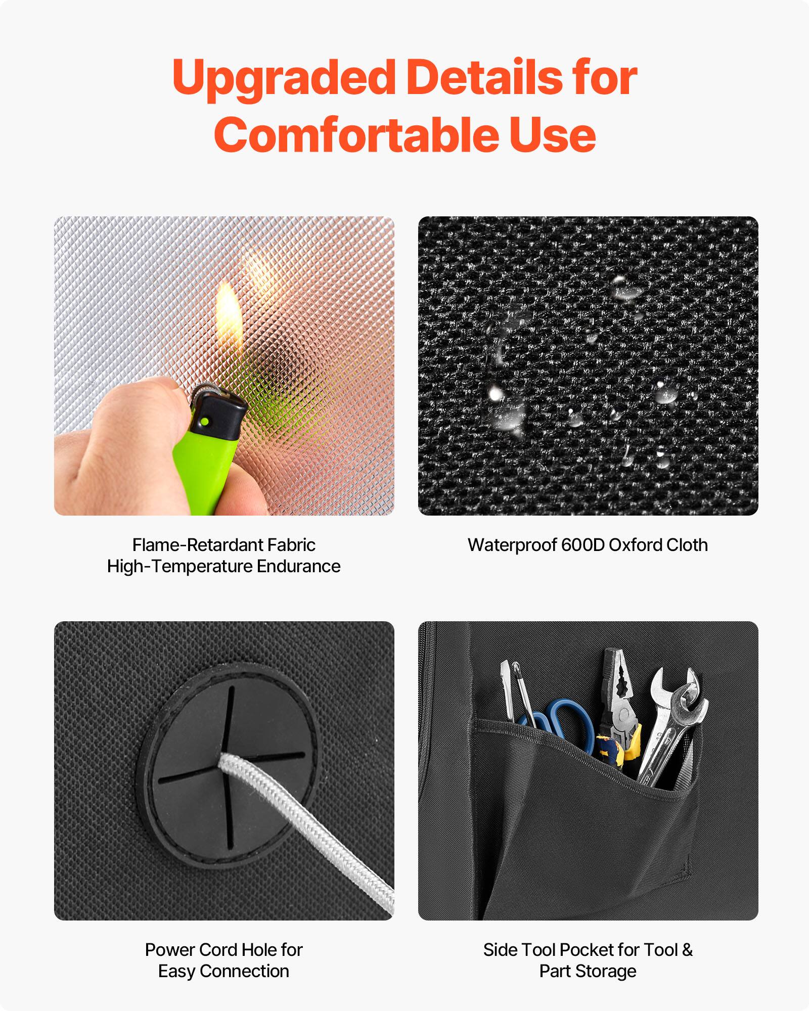 Upgraded Details for Comfortable Use

- Flame-Retardant Fabric High-Temperature Endurance
- Waterproof 600D Oxford Cloth
- Power Cord Hole for Easy Connection
- Side Tool Pocket for Tool & Part Storage