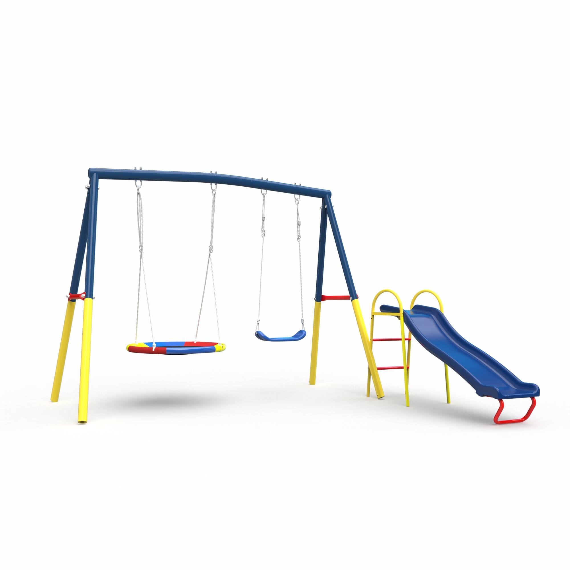 Angle. Siljoy - 3‑in‑1 Swing Set with Slide, Saucer Swing & Belt Swing, Heavy‑Duty Metal, for Backyard, ASTM Certified - Blue.