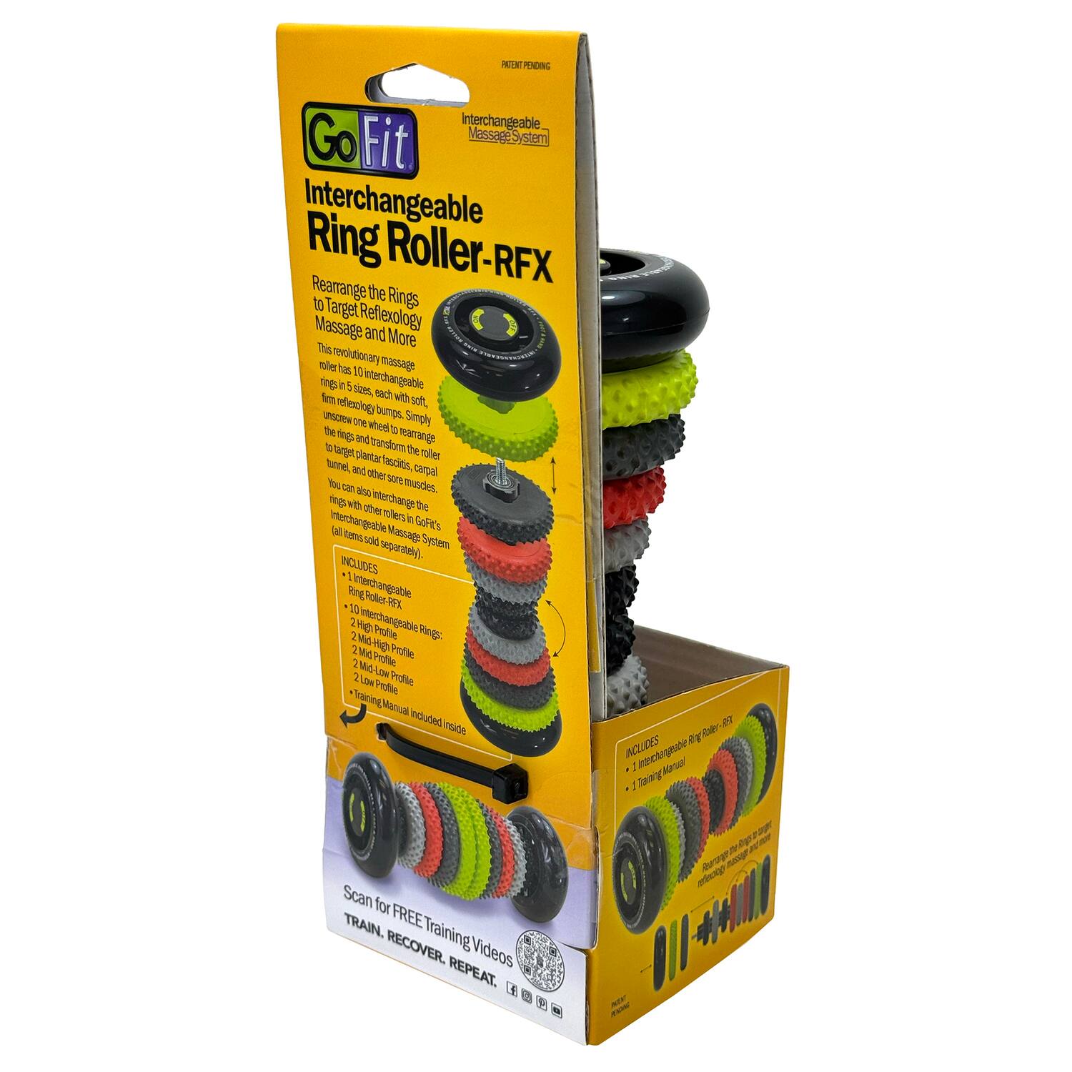 NE PODING Interchangeable Go Fit Massage Stem Interchangeable Ring Roller-RFX Rearrange the Rings to Target Massage Reflexology and More. This roller is revolutionary massage tool with 12 interchangeable rings in 5 sizes, each with soft massage bumps. Simply turn the wheel to select the ring and rearrange to target different areas. The portable roller is perfect for self-massage, carpal tunnel, plantar fasciitis, and more. You can also interchange the rings with other GoFit massage tools (sold separately). INCLUDES: 1 Interchangeable Ring Roller-RFX, 10 Interchangeable Rings: 2 High Profile, 2 Medium Profile, 2 Low Profile, 2 Extra Low Profile, 2 Extra High Profile, 2 Extra Low Profile. Training Manual included. Scan for FREE Training Videos. TRAIN. RECOVER. REPEAT.