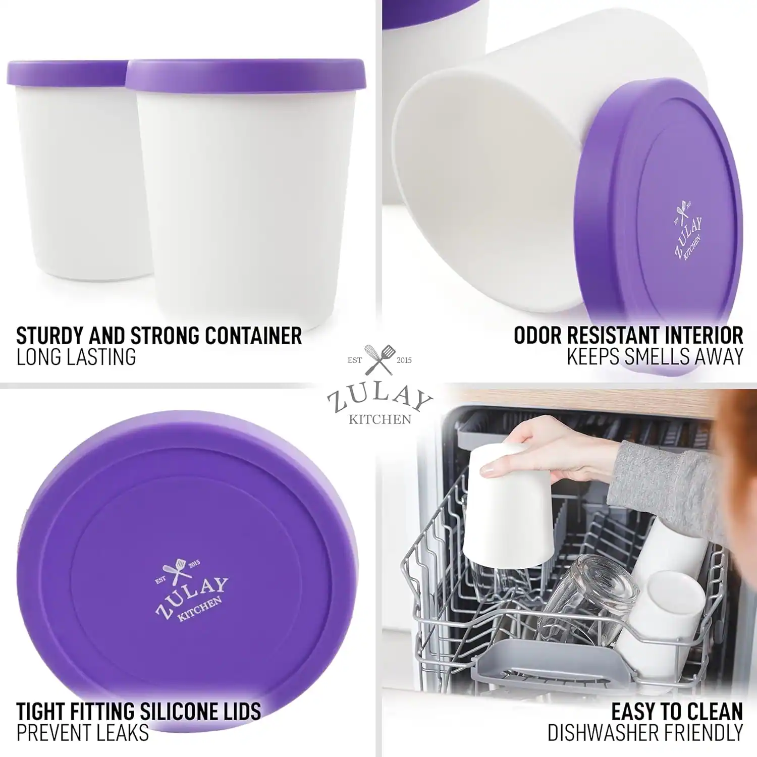 - STURDY AND STRONG CONTAINER
  LONG LASTING
  EST 2015

- ODOR RESISTANT INTERIOR
  KEEPS SMELLS AWAY

- TIGHT FITTING SILICONE LIDS
  PREVENT LEAKS

- EASY TO CLEAN
  DISHWASHER FRIENDLY