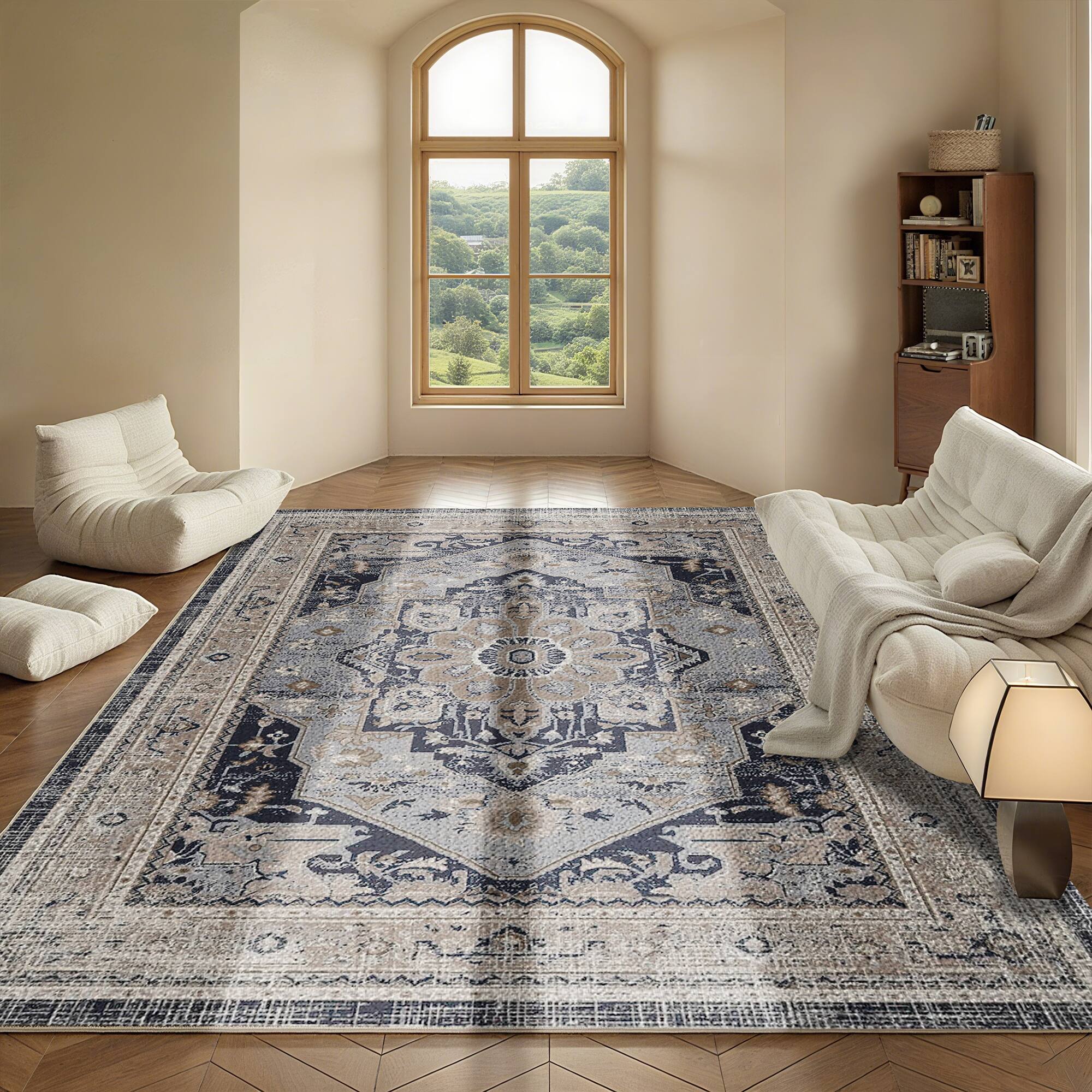 Alt View 1. Ihomeadore - 7FT x 5FT Vintage Bohemia Cotton Area Rug with Non-Slip TPR Backing for Indoor Living Room and Entryway - Blue.
