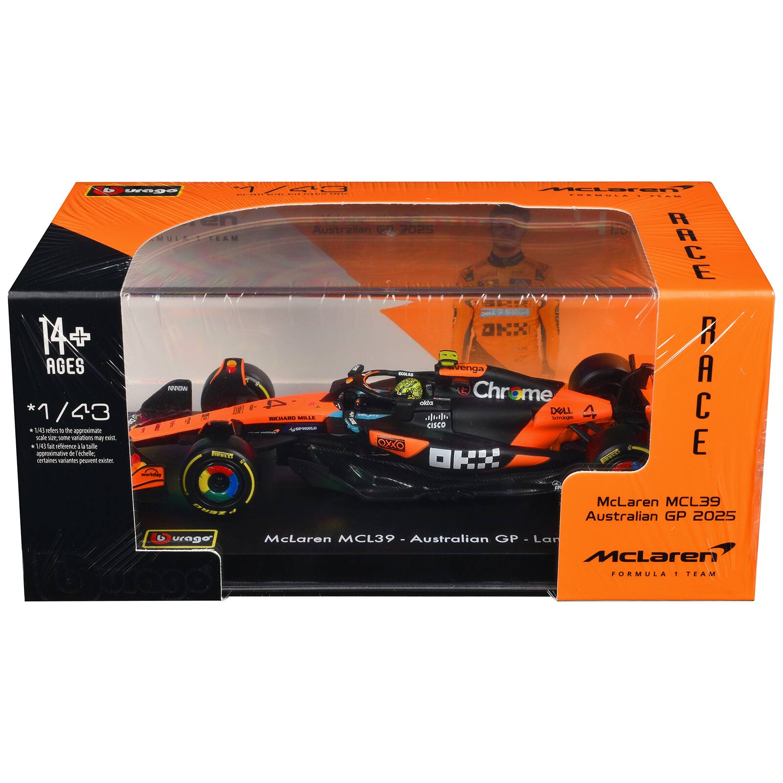 urago 1/43 McLaren DIA FREEK FORMULA 1 TEAM Australian GP 2025 MULA TEAM RACE 14+ AGES MILKS venga *1/43 143 scale approximative BU centaines at W reference some to the de variations approximate chele, peuvent taile may exister. exist. workday NOON DIFIDOO RICHARD AgOPWORLD MILLE OXXO olda CISCO Chrome DELL aquice McLaren MCL39 RACE PZERG Australian GP 2025 urago McLaren MCL39 - Australian GP - Lan McLaren FORMULA 1 TEAM