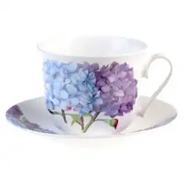 Jiallo - Roy Kirkham Breakfast Cup/Saucer - Hydrangea Set of 2, Bone China Ceramic Made in England - Mutli color