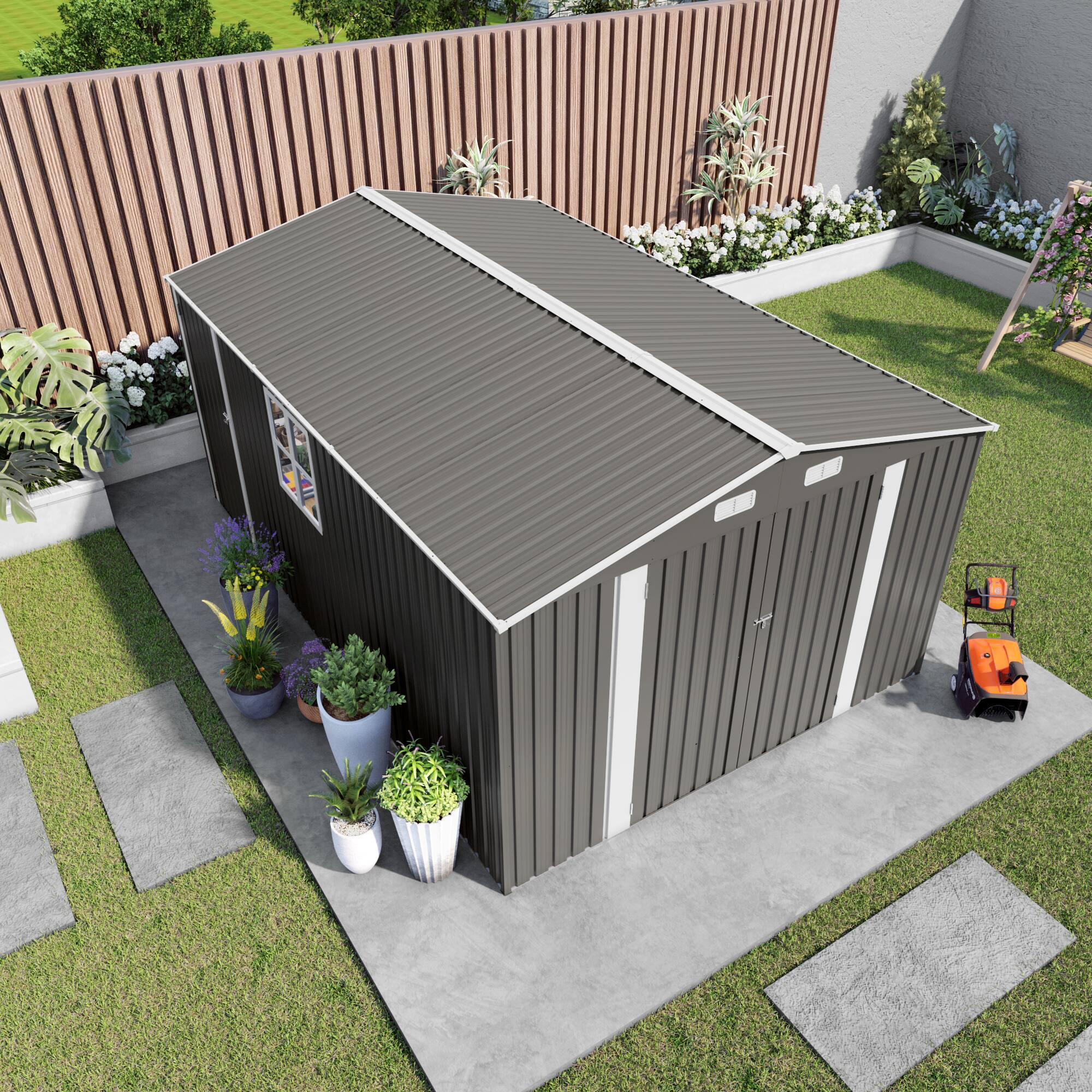 Left. Mondawe - 10x14 FT Outdoor Metal Storage Shed with Three Lockable Doors and Clear Window - Gray.