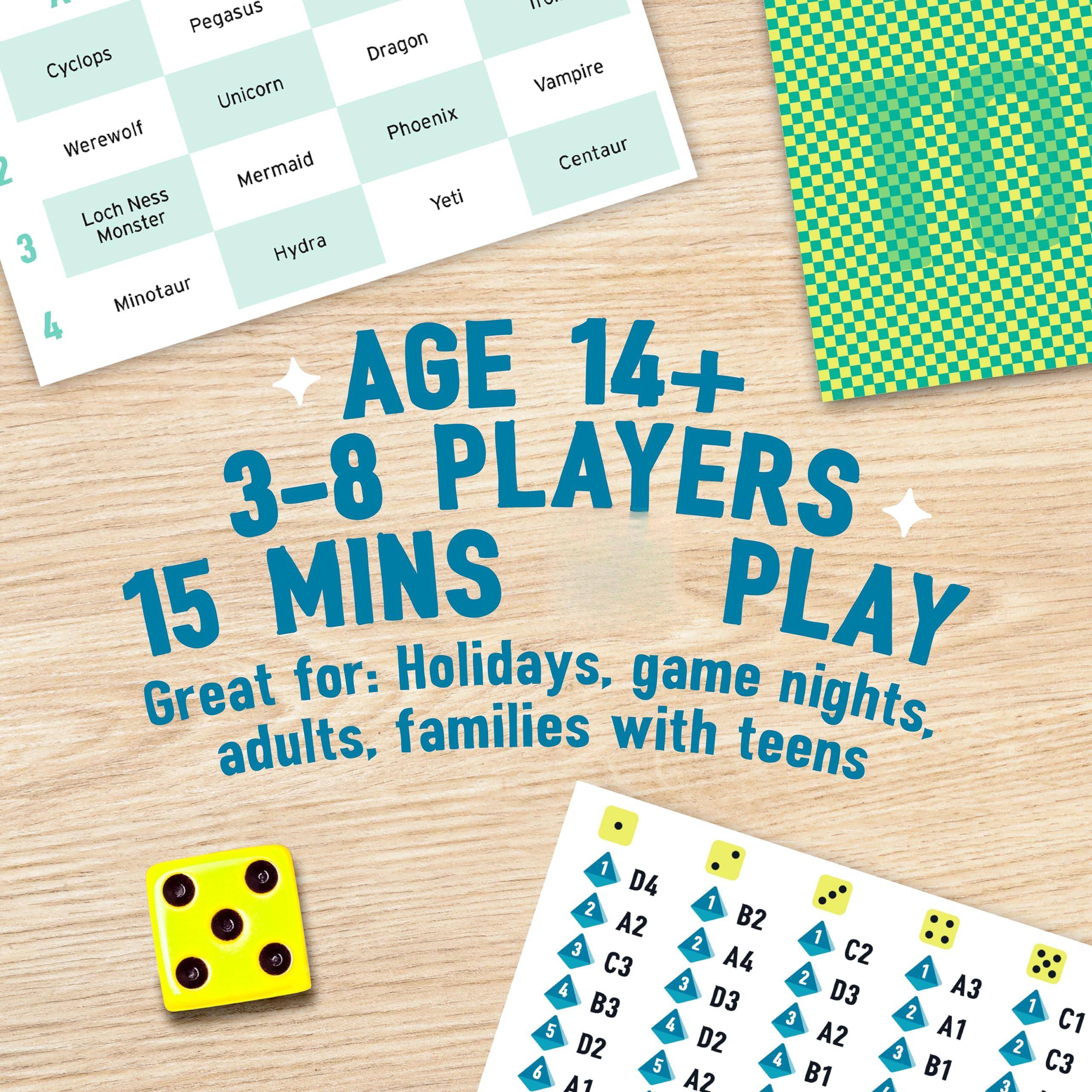 Sure, here is the corrected and grouped text from the image:

---

**Creatures:**
- Cyclops
- Pegasus
- Unicorn
- Dragon
- Phoenix
- Werewolf
- Mermaid
- Loch Ness Monster
- Hydra
- Minotaur
- Vampire
- Centaur
- Yeti
- Loch Monster

**Game Information:**
- AGE 14+
- 3-8 PLAYERS
- 15 MINS PLAY
- Great for: Holidays, game nights, adults, families with teens

**Dice Roll Chart:**
1. D4
2. A2
3. C3
4. B3
5. D2
6. A1

1. B2
2. A4
3. D3
4. D3
5. D2
6. A2

1. C2
2. A3
3. A2
4. B1
5. C1
6. C3

---

This should accurately reflect the content from the image.