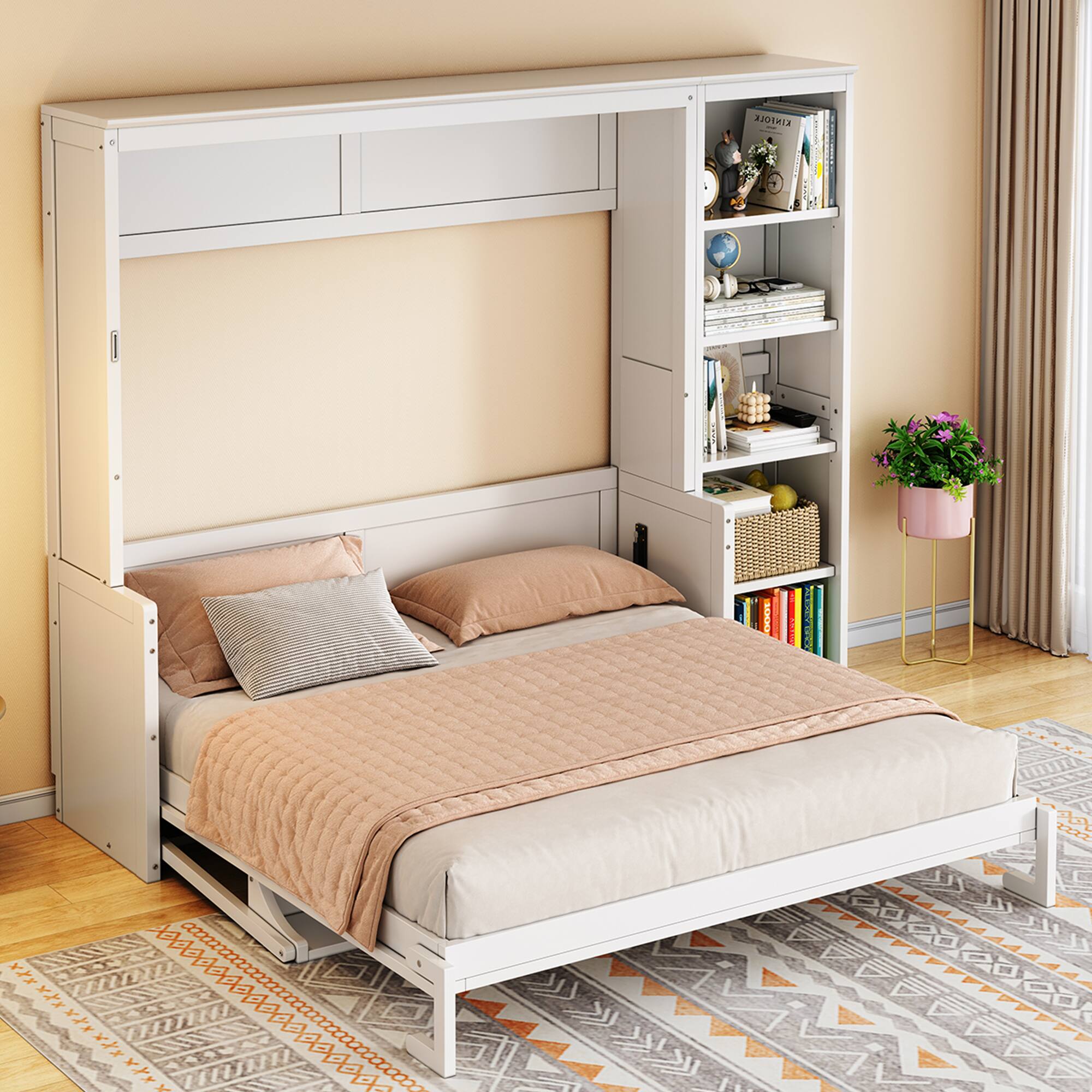 Whisen - Queen Size Murphy Bed with Desk and Bookshelf, Space Saving Foldable Bed for Home Office & Guest Room - White