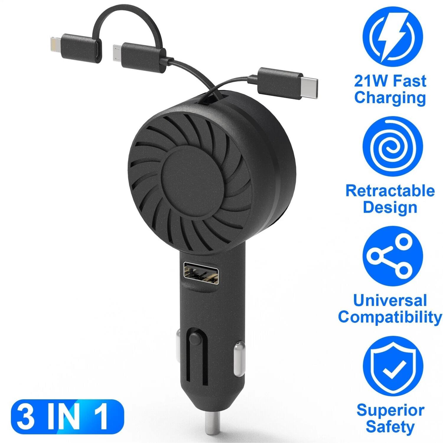 - 21W Fast Charging
- Retractable Design
- Universal Compatibility
- Superior Safety
- 3 IN 1
