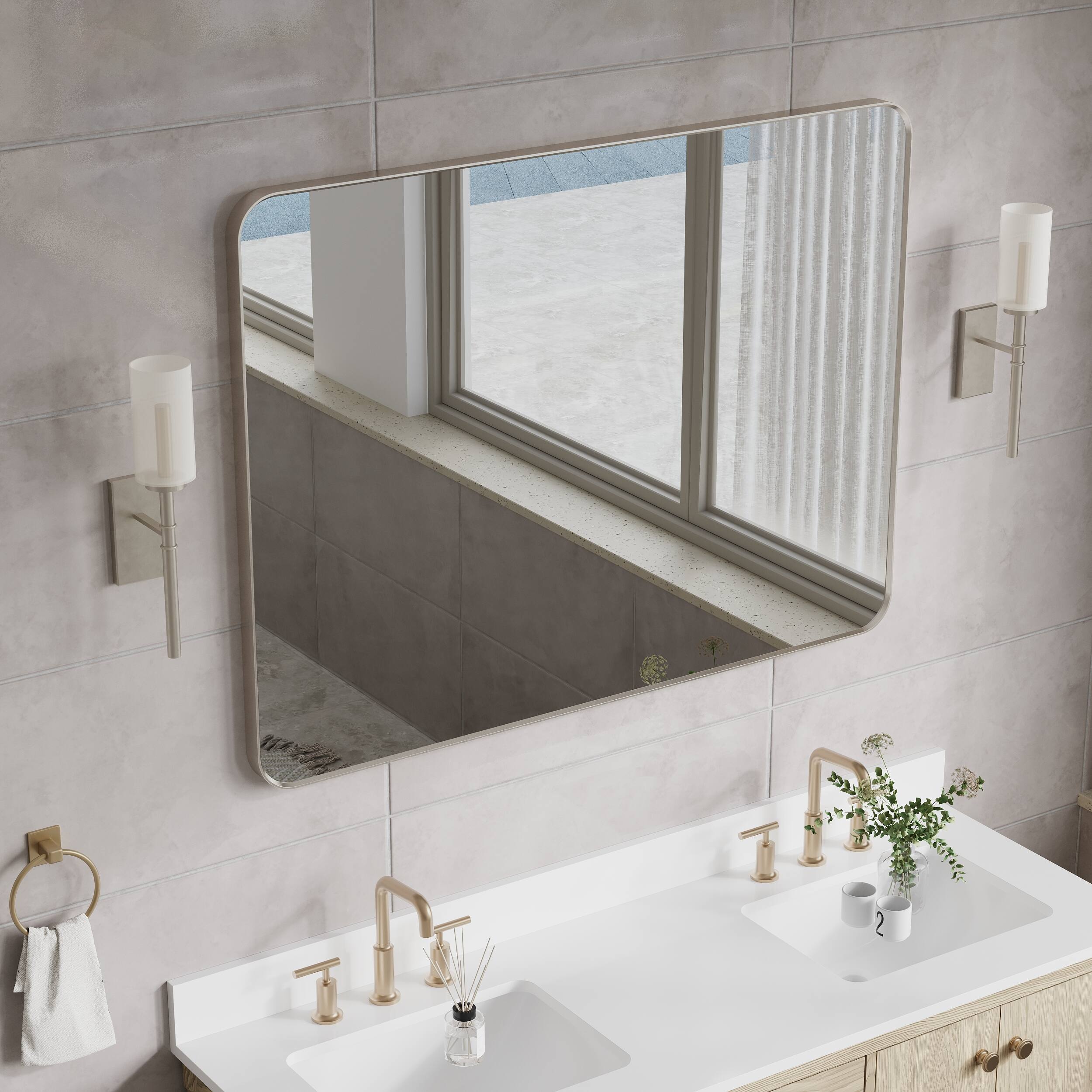 Back. WELLFOR - 48 in. W x 36 in. H Rectangular Aluminum Framed Wall Bathroom Vanity Mirror with Rounded Corners - Brushed Nickel.