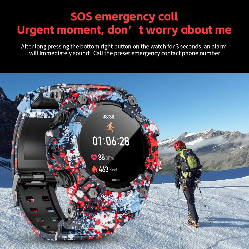 SOS emergency call  
Urgent moment, don't worry about me  

After long pressing the bottom right button on the watch for 3 seconds, an alarm will immediately sound: Call the preset emergency contact phone number  

08:30  
01:06:28  
88 BPM  
463 Kcal  
WATER RESIST