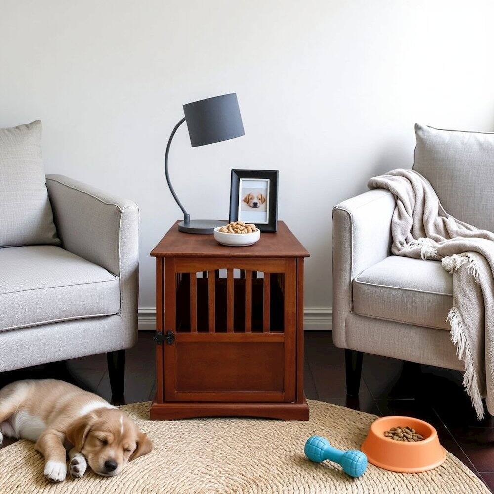 Alt View 5. FurniFact - Walnut Dog Kennel Furniture with Gate, Solid Wood Dog Crate End Table - Walnut.