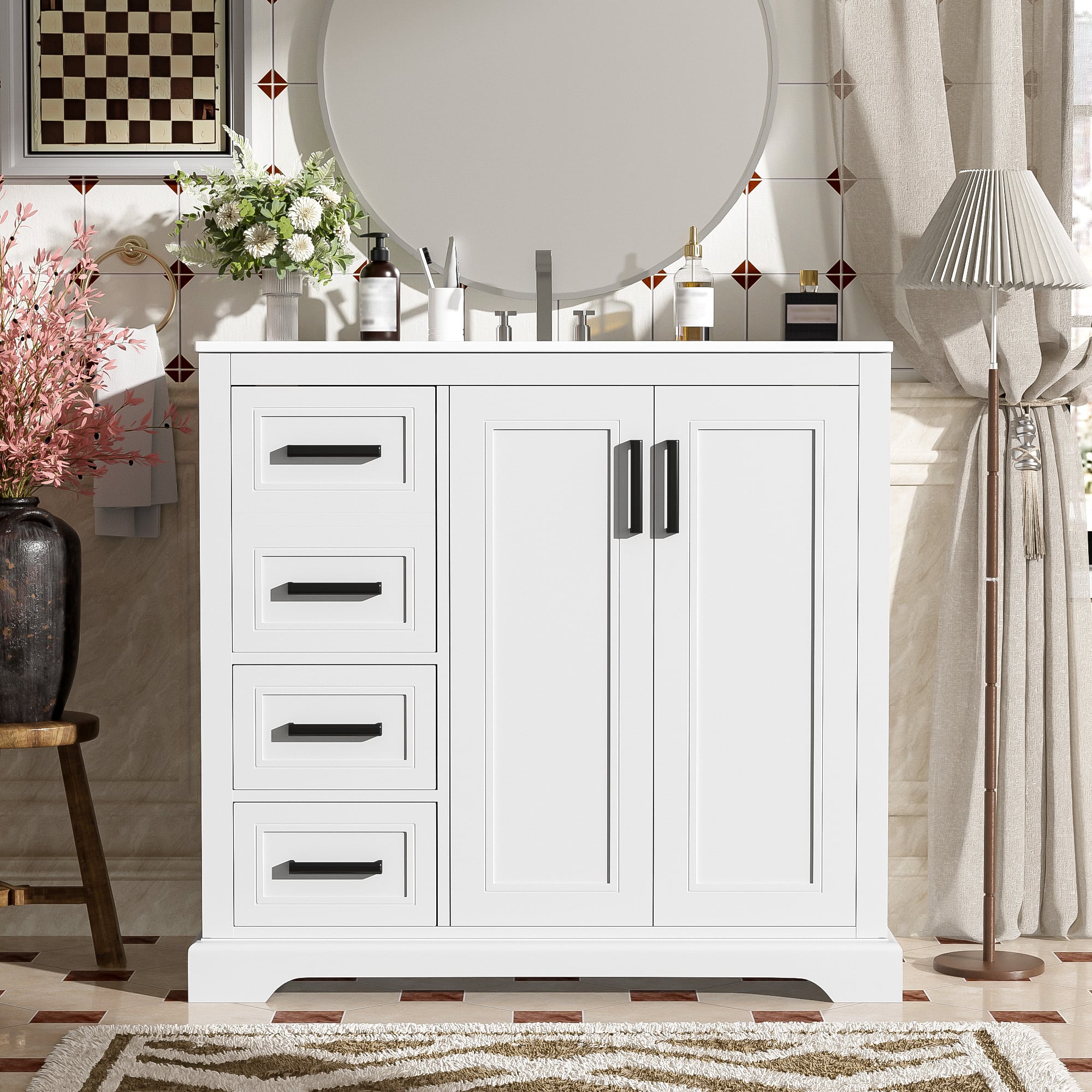 Tiramisubest - 36" Bathroom Vanity with Ceramic Sink, Adjustable Shelf & 3 Drawers, Ample Storage - White