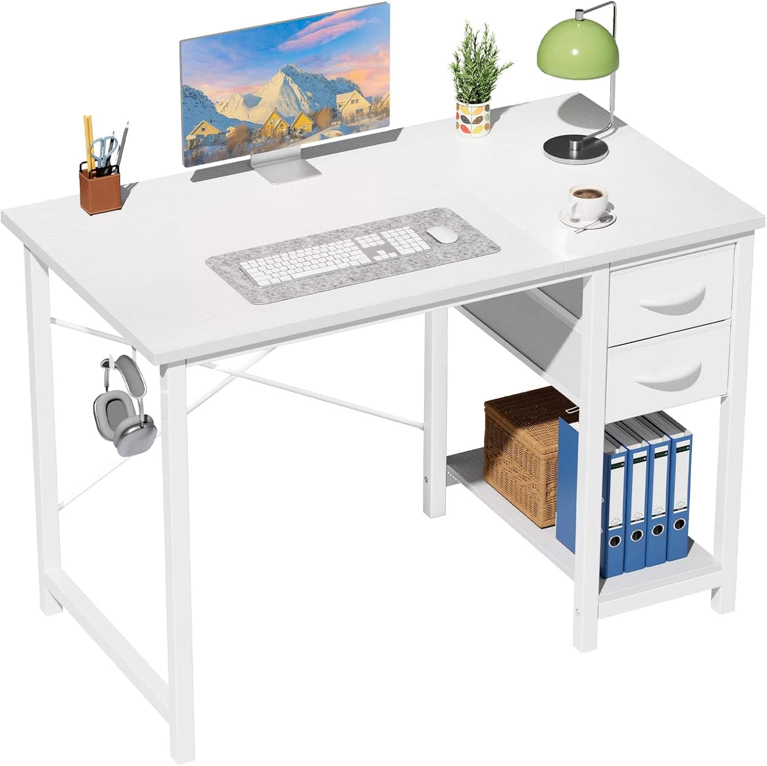Sweet - 40 Inch Computer Desk with Drawers, Side Hook, Writing Desk for Bedroom Home Office - White