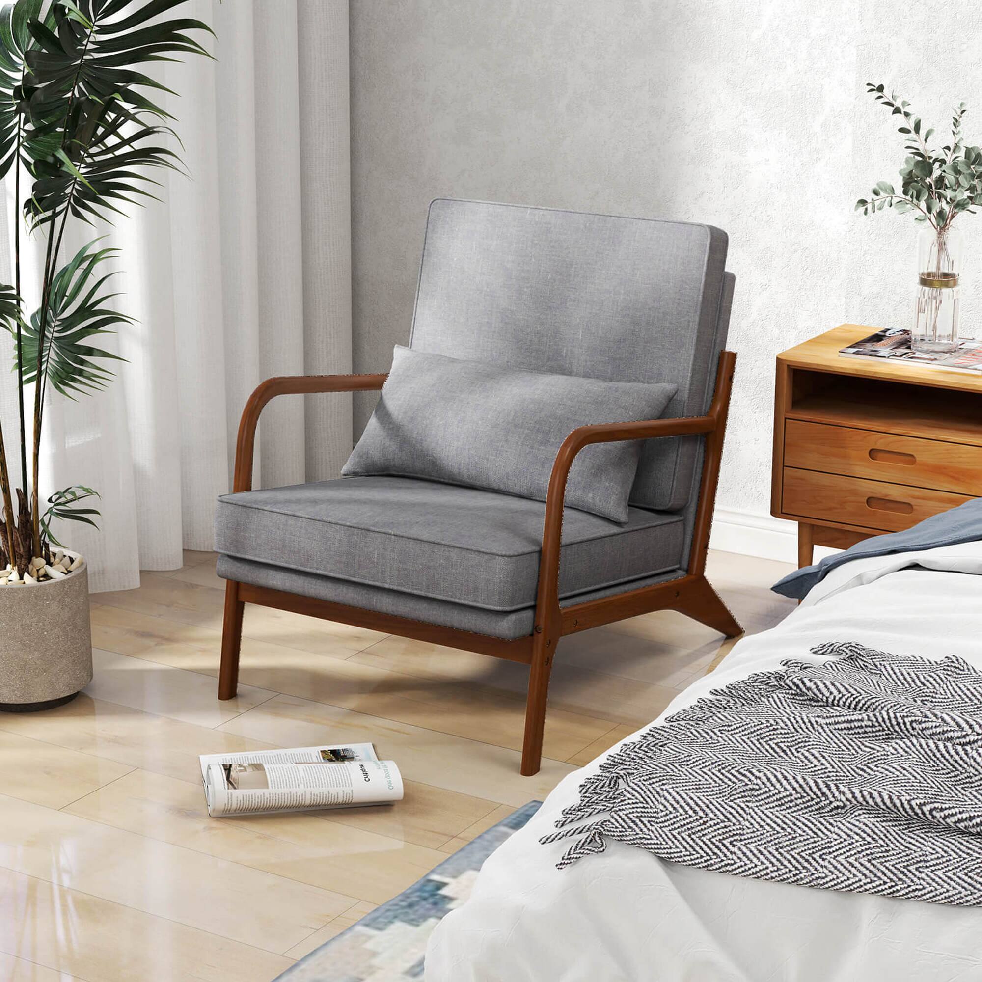 Alt View 3. Costway - Costway 1 PCS Modern Accent Chair Upholstered Leisure Armchair with Rubber Wood Armrests & Legs - Gray.