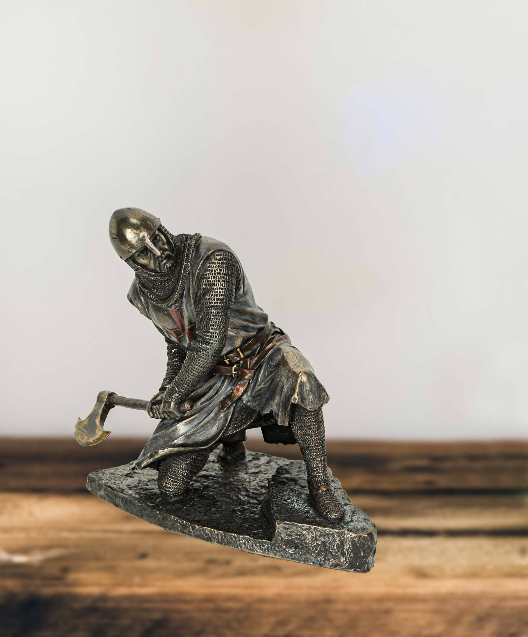 Alt View 4. Veronese Design - Bronze Finish Kneeling Templar Knight Wielding Battle Axe Statue - Multicolored.