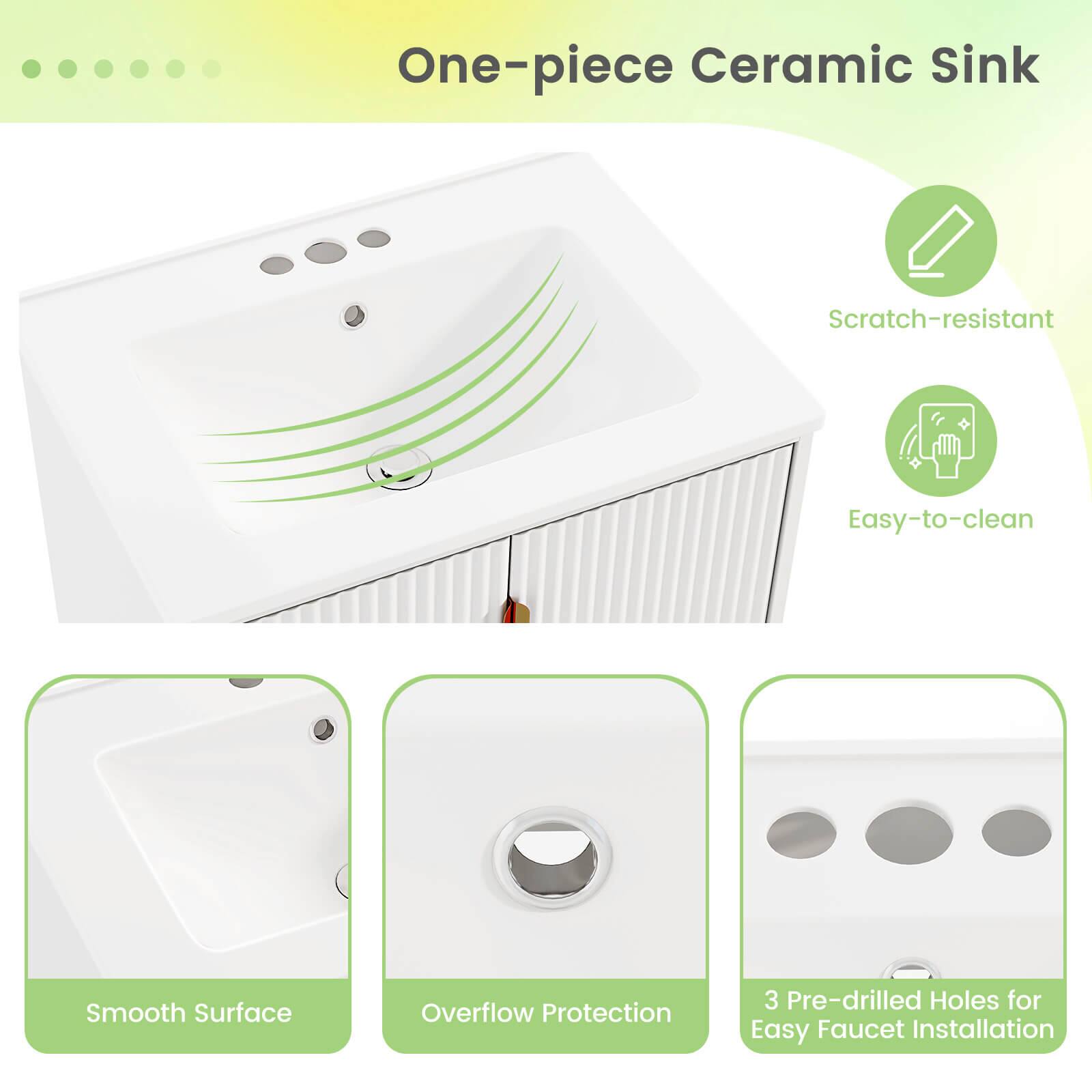 One-piece Ceramic Sink
Scratch-resistant
Easy-to-clean
Smooth Surface
Overflow Protection
3 Pre-drilled Holes for Easy Faucet Installation