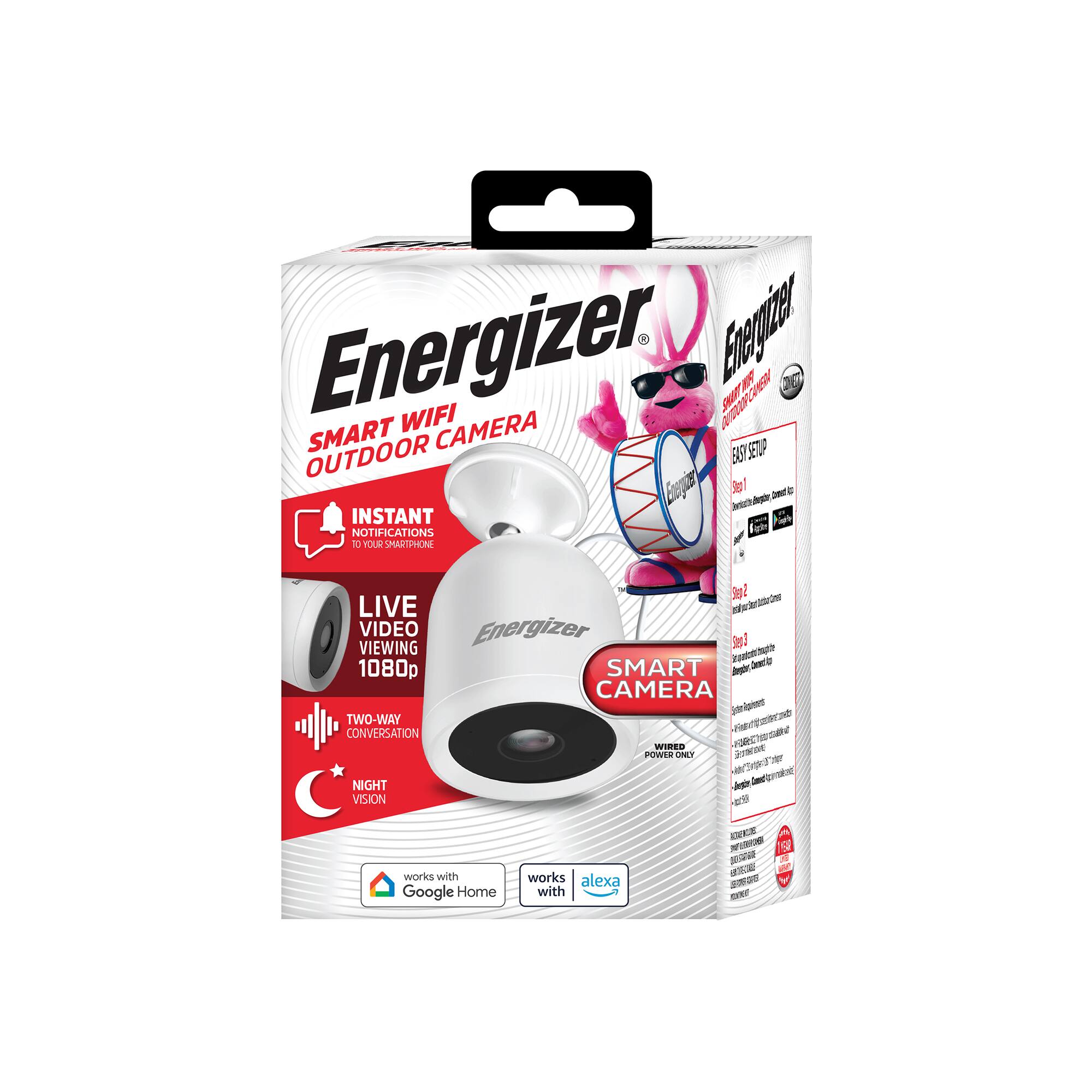 Energizer Smart WiFi Outdoor Camera  
- Instant Notifications  
- Live Video Viewing 1080p  
- Two-Way Conversation  
- Night Vision  
- Works with Google Home and Alexa  
- Wired Power Only