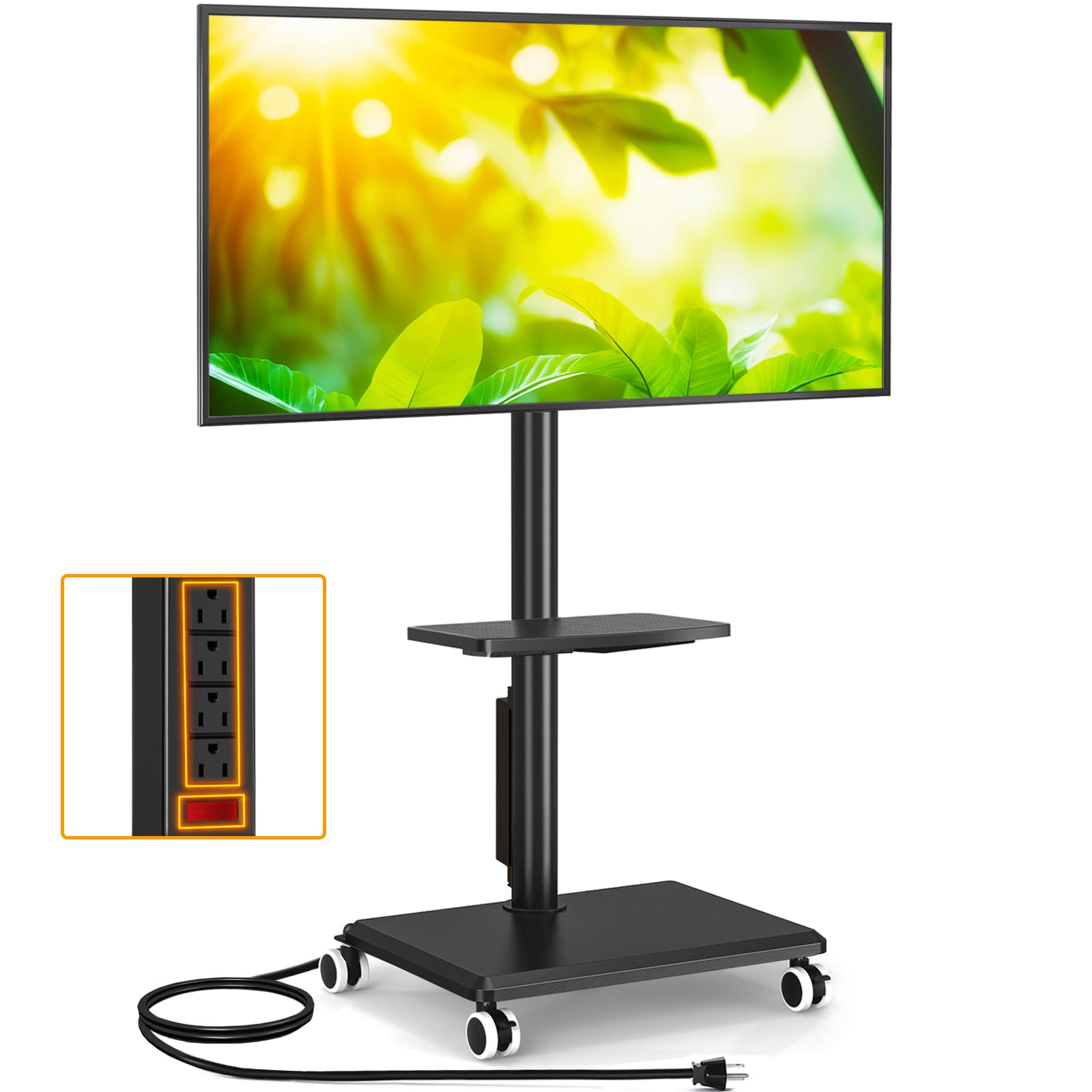 Front. Refined Abode Design - Rolling Tv Stand With Power Outlet For 32 Tvs Swivel And Height Adjustable Mobile Shelf Strong Cart On Whee - Black.