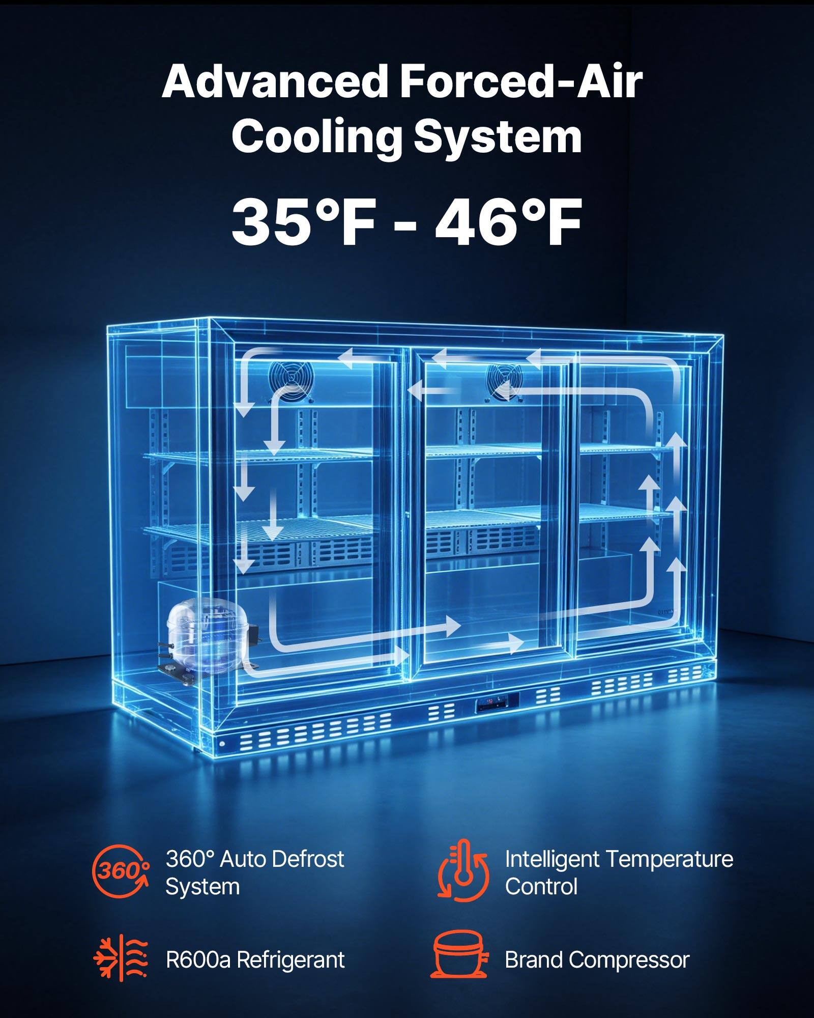 Advanced Forced-Air Cooling System  
35°F - 46°F  

360° Auto Defrost System  
Intelligent Temperature Control  
R600a Refrigerant  
Brand Compressor