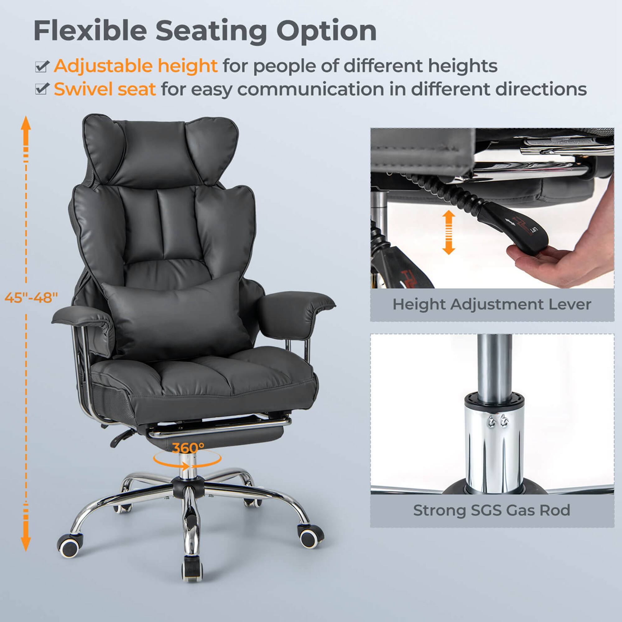 Flexible Seating Option: Adjustable height for people of different heights, Swivel seat for easy communication in different directions, 45"-48" Height Adjustment Lever, 360 Strong SGS Gas Rod.