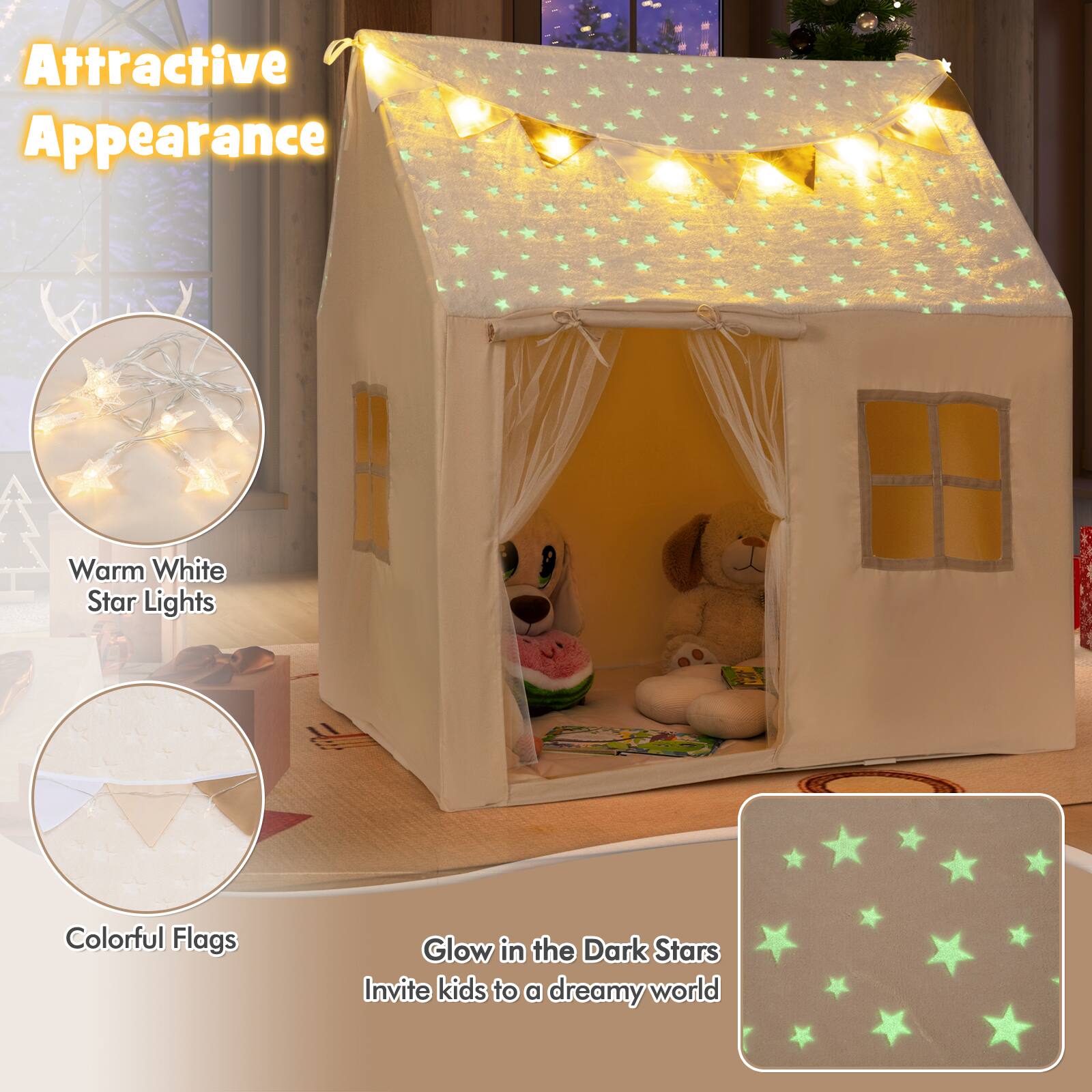 Attractive Appearance

Warm White Star Lights

Colorful Flags

Glow in the Dark Stars

Invite kids to a dreamy world