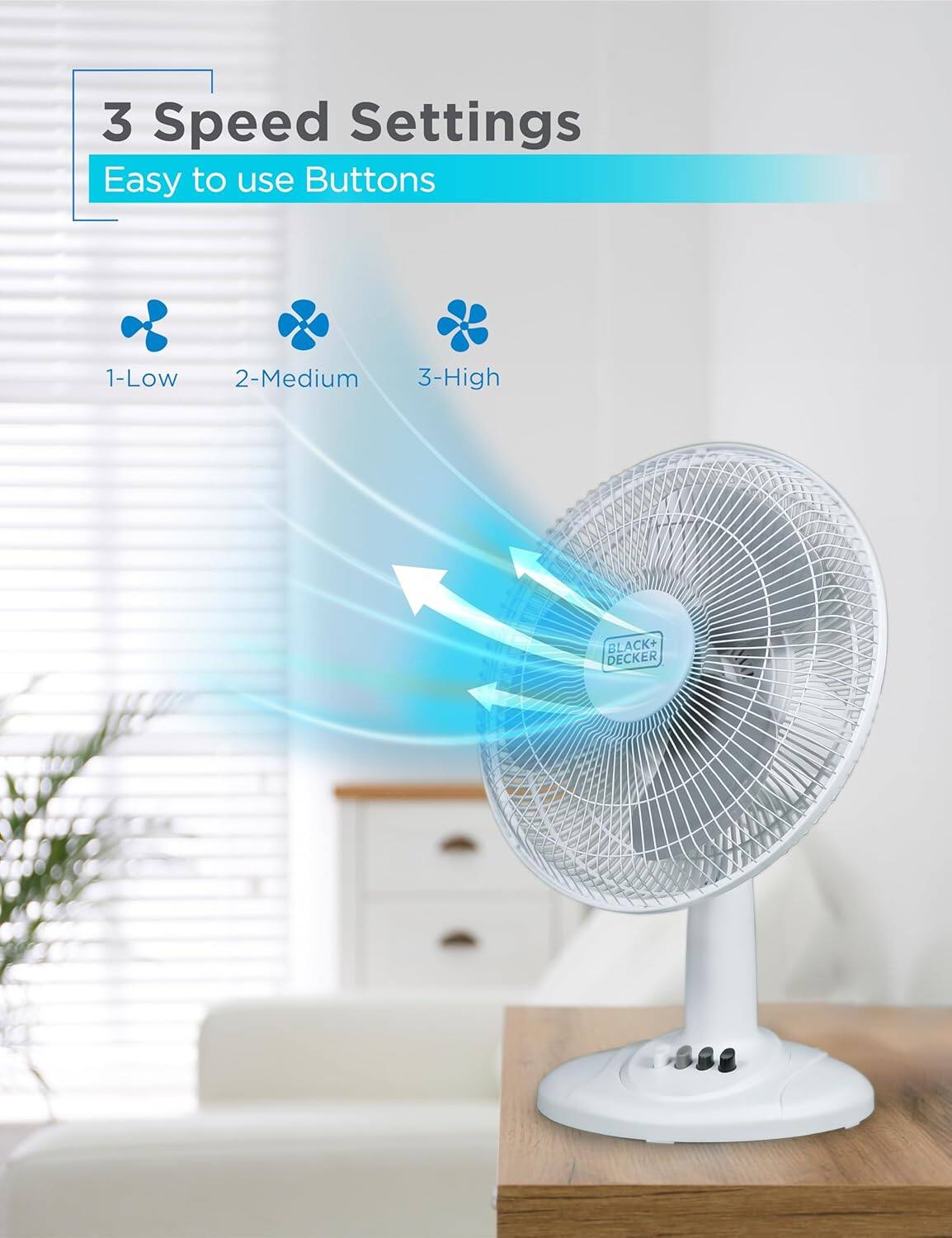 The image features a Black+Decker fan with three speed settings. The fan is placed on a table, and the speed settings are represented by three blue buttons. The fan has a white base, and it is easy to use with just a push of the buttons. The buttons are labeled 1-Low, 2-Medium, and 3-High, providing users with the flexibility to choose the appropriate speed for their needs.