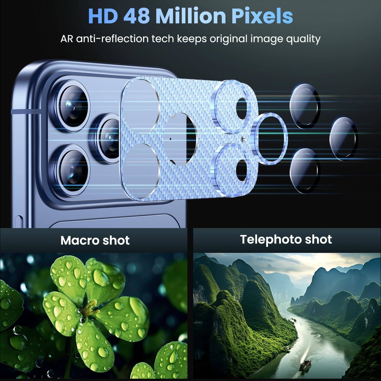 HD 48 Million Pixels  
AR anti-reflection tech keeps original image quality  

Macro shot  

Telephoto shot