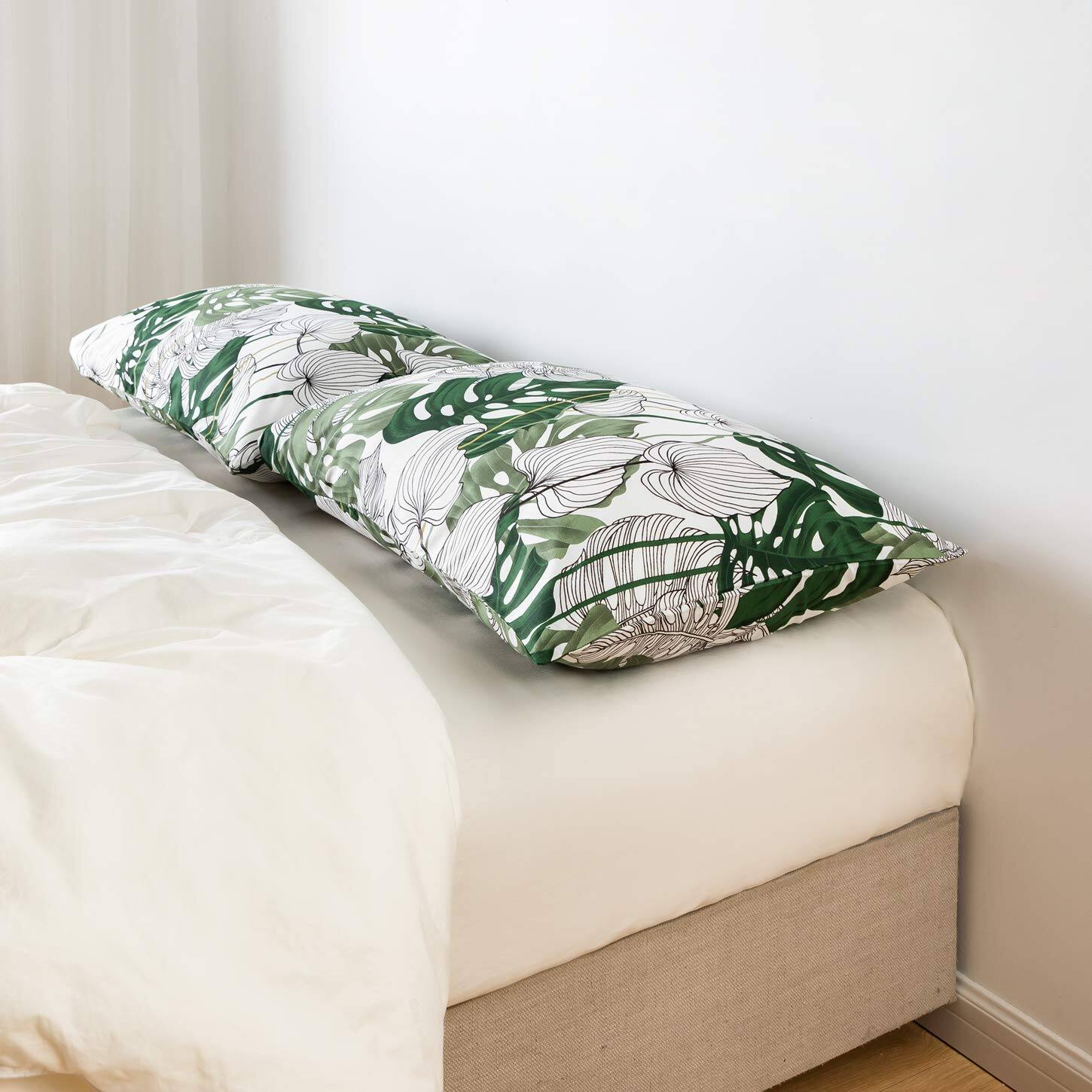 Left. Fabibe - Pillowcase Cotton Queen Size Set Of 2 Green Botanical Monstera Leaves Print Decorative Bed Pillow Covers With Envelope - Blue Plants-King.