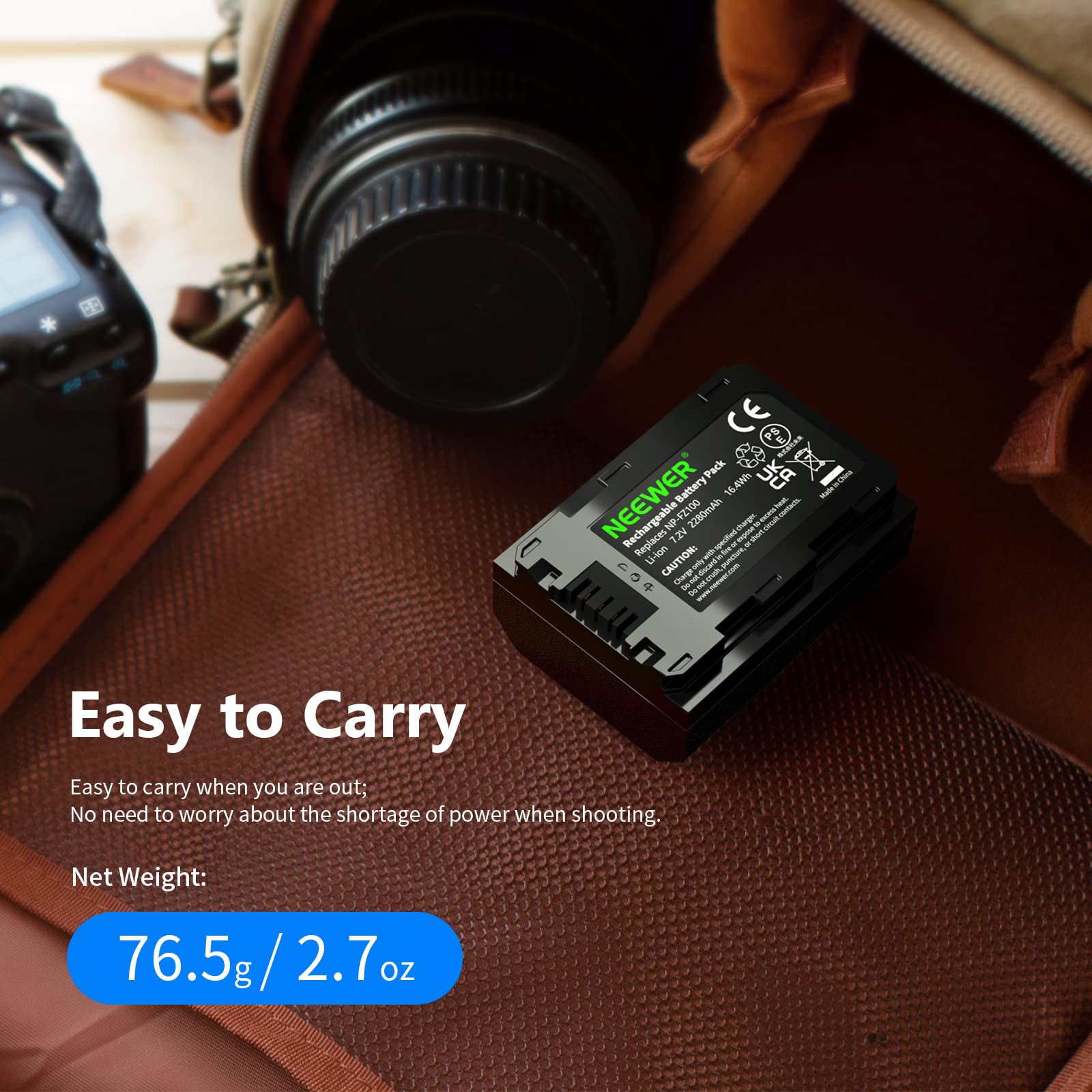 NEEWER Rechargeable Battery Pack - 16.44Wh  
Replaces NP-12V  
2280mAh  

Easy to Carry  
Easy to carry when you are out; No need to worry about the shortage of power when shooting.  

Net Weight: 76.5g / 2.7 oz