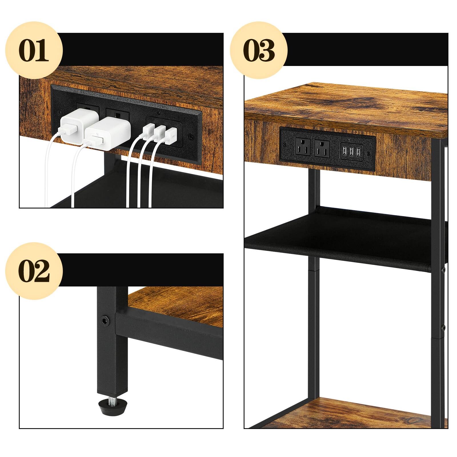 Alt View 1. Oumilen - Rustic Brown 3-Tier End Table with Built-In Charging Station and Oxford Cloth Shelf - Brown.