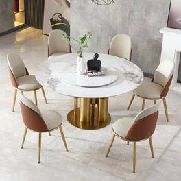 Loheer - 59-Inch Round Sintered Stone Dining Table with 360-Degree Lazy Susan - White and Gold