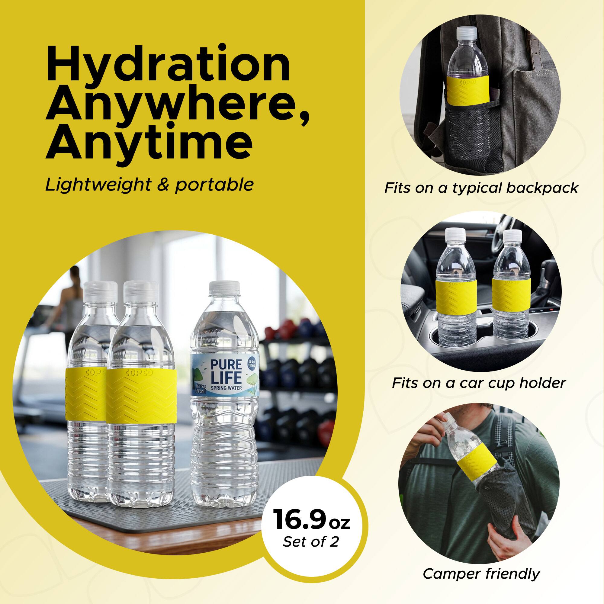 Hydration Anywhere, Anytime  
Lightweight & portable  
Fits on a typical backpack  
Fits on a car cup holder  
16.9 oz Set of 2  
Camper friendly