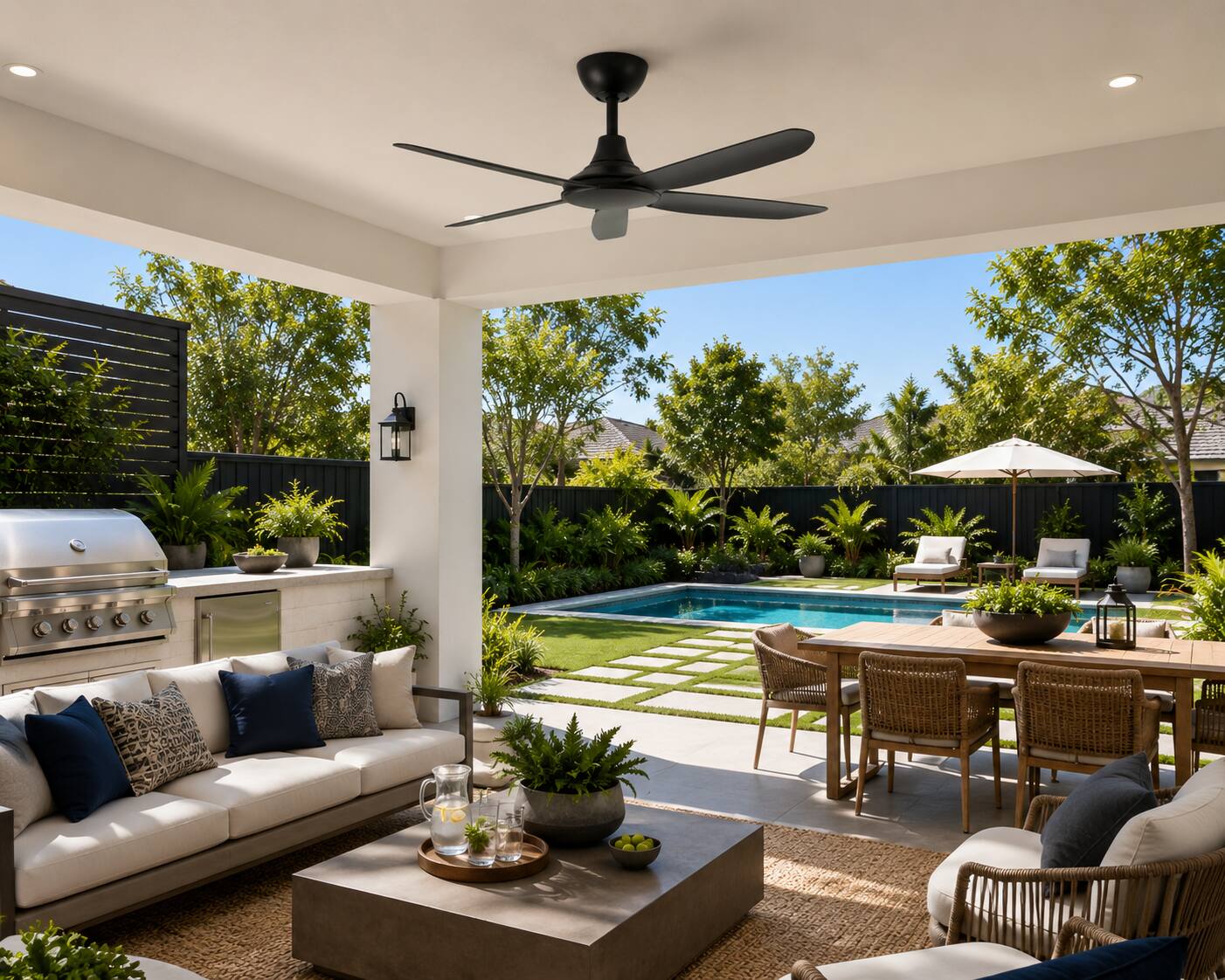 Left. ENLIGHT - 56" Smart Ceiling Fan, IP66 Outdoor/Coastal, Weather Resist, Efficient & Quiet DC Motor, Reverse Mode, Matter, 5 Blades - Matte Black.