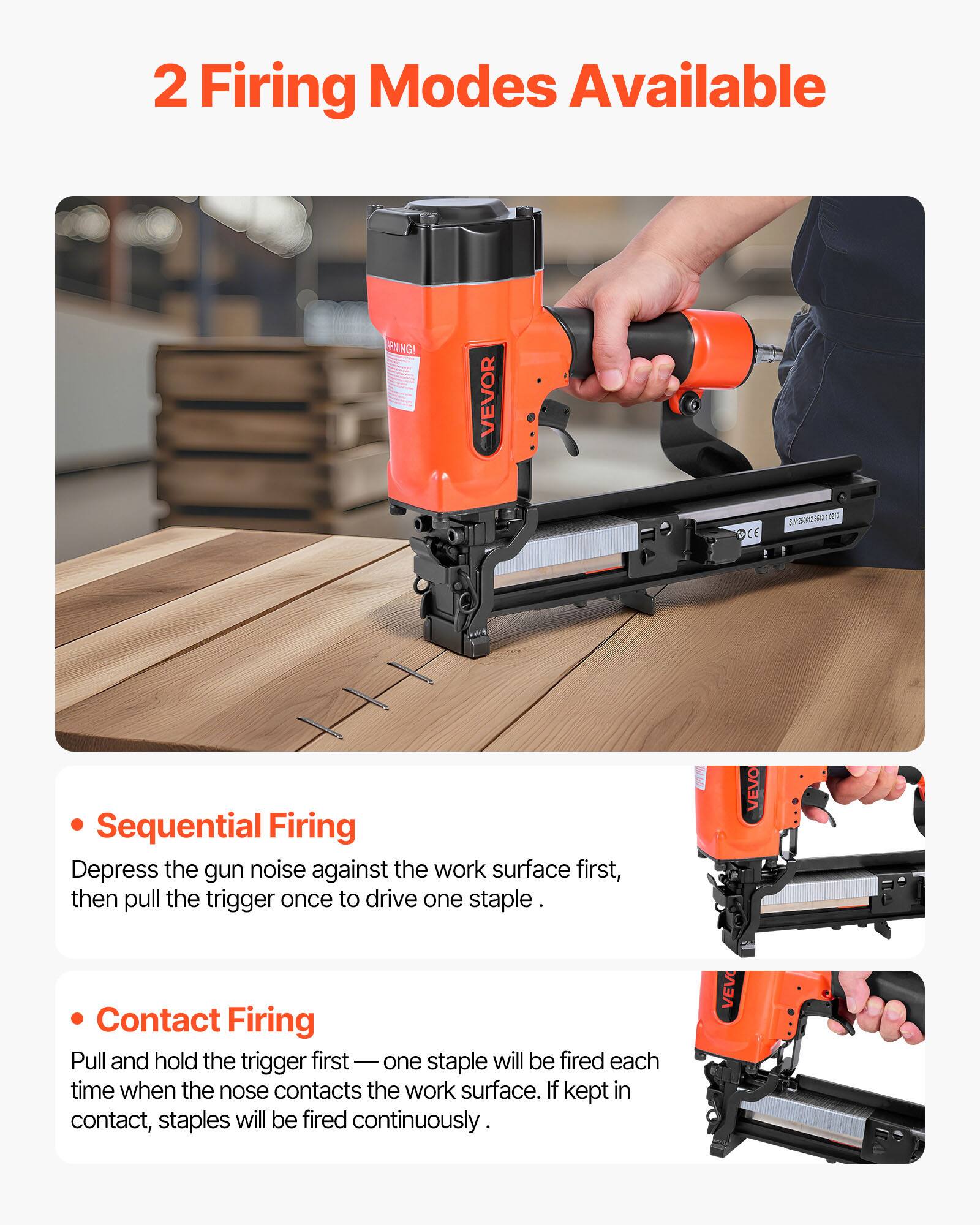 2 Firing Modes Available

- Sequential Firing
  - Depress the gun noise against the work surface first, then pull the trigger once to drive one staple.

- Contact Firing
  - Pull and hold the trigger first — one staple will be fired each time when the nose contacts the work surface. If kept in contact, staples will be fired continuously.