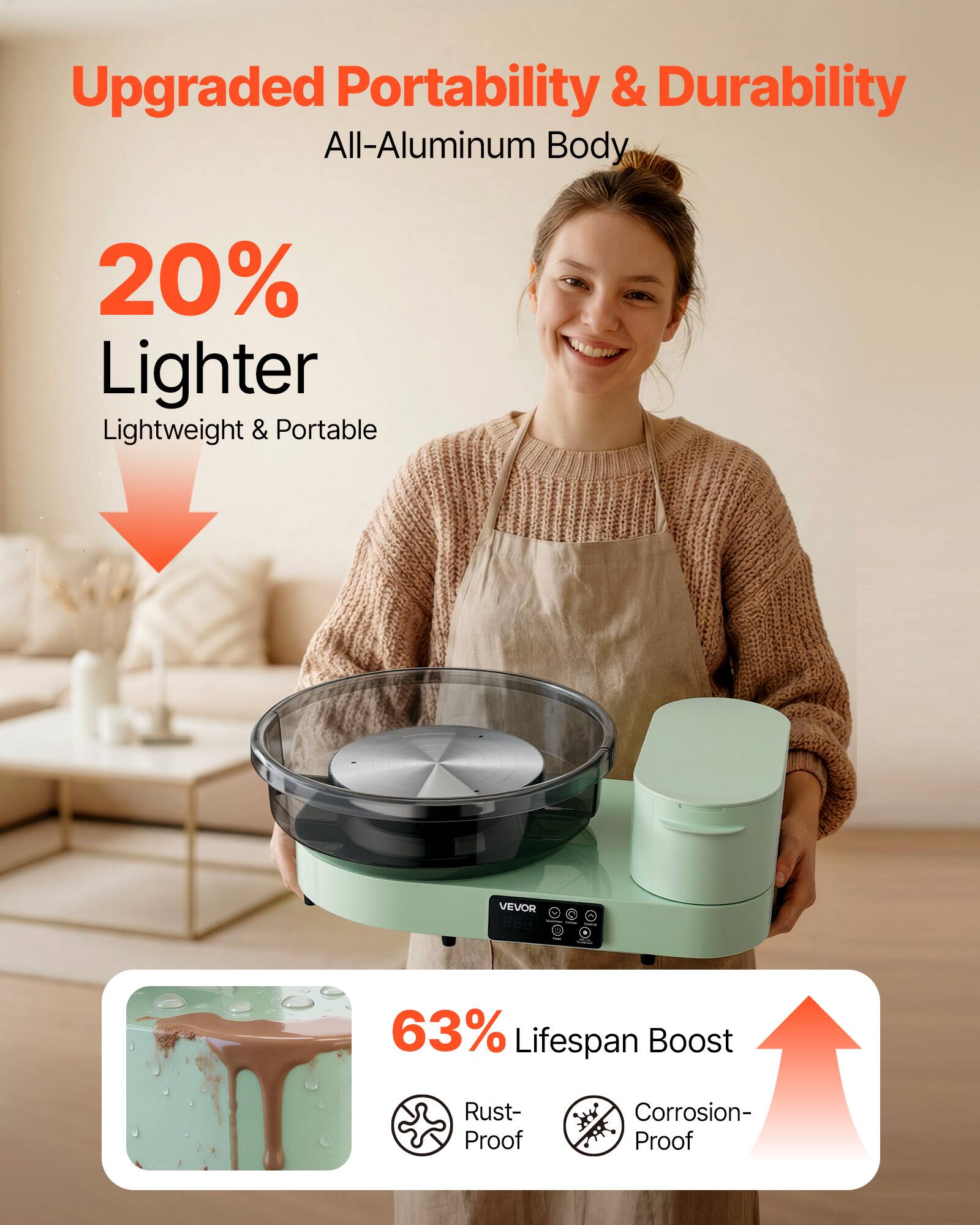 Upgraded Portability & Durability  
All-Aluminum Body  

20% Lighter  
Lightweight & Portable  

63% Lifespan Boost  
Rust-Proof  
Corrosion-Proof