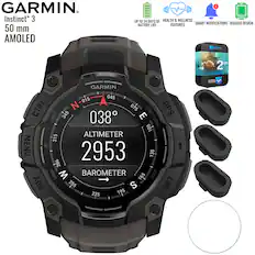 GARMIN
Instinct 3
50 mm AMOLED
TORCH
GARMIN
CTRL
LIGHT
MENU
ALTIMETER 2953
BAROMETER
ABC
SET
GPS
START/STOP
BACK
UP TO 24 DAYS OF BATTERY LIFE
HEALTH & WELLNESS FEATURES
SMART NOTIFICATIONS
RUGGED DESIGN
2 YR WARRANTY