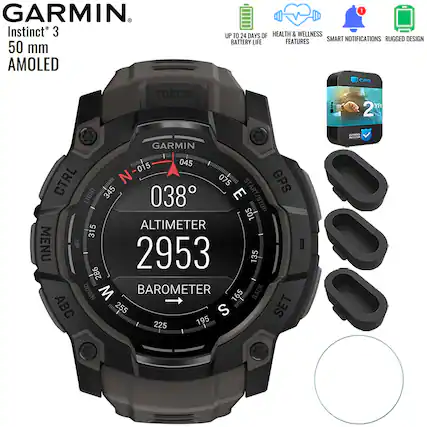GARMIN
Instinct 3
50 mm AMOLED
TORCH
GARMIN
CTRL
LIGHT
MENU
ALTIMETER 2953
BAROMETER
ABC
SET
GPS
START/STOP
BACK
UP TO 24 DAYS OF BATTERY LIFE
HEALTH & WELLNESS FEATURES
SMART NOTIFICATIONS
RUGGED DESIGN
2 YR WARRANTY