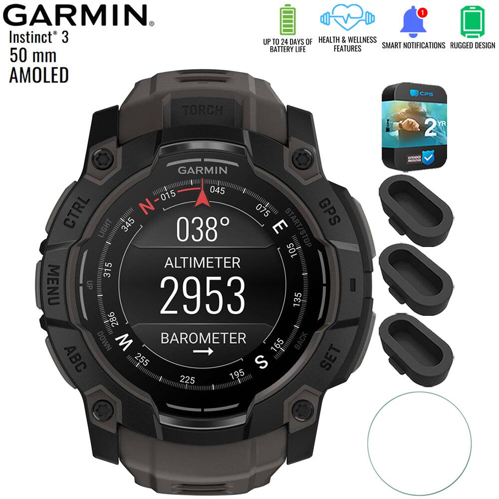 Garmin - Instinct 3 - 50 mm GPS Smartwatch AMOLED Black + 2 Year Warranty Bundle - Black with Charcoal Band - (2025)