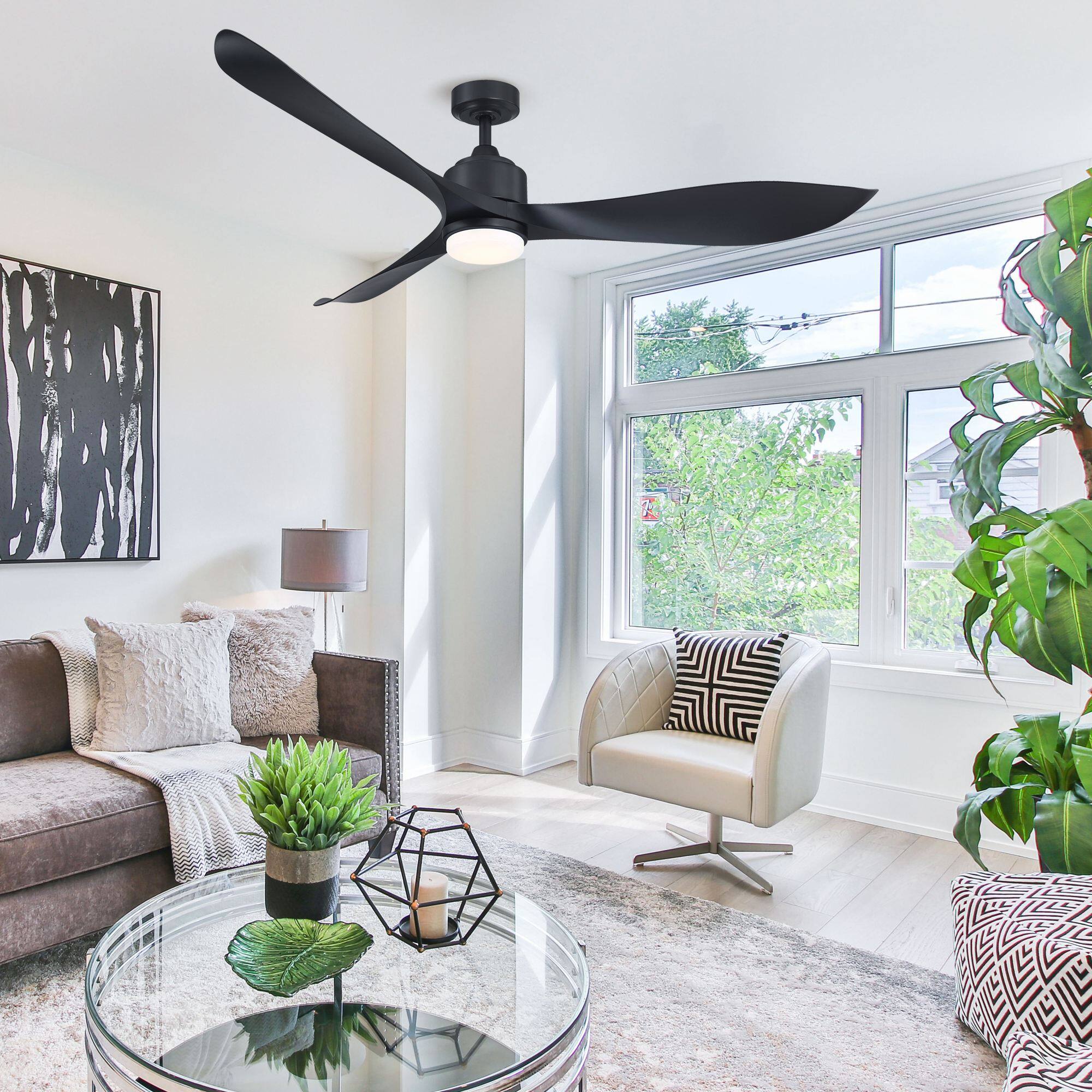 Left. Parrot Uncle - 66 in. Modern Integrated LED Black Propeller Ceiling Fan with Light and Remote - Black.