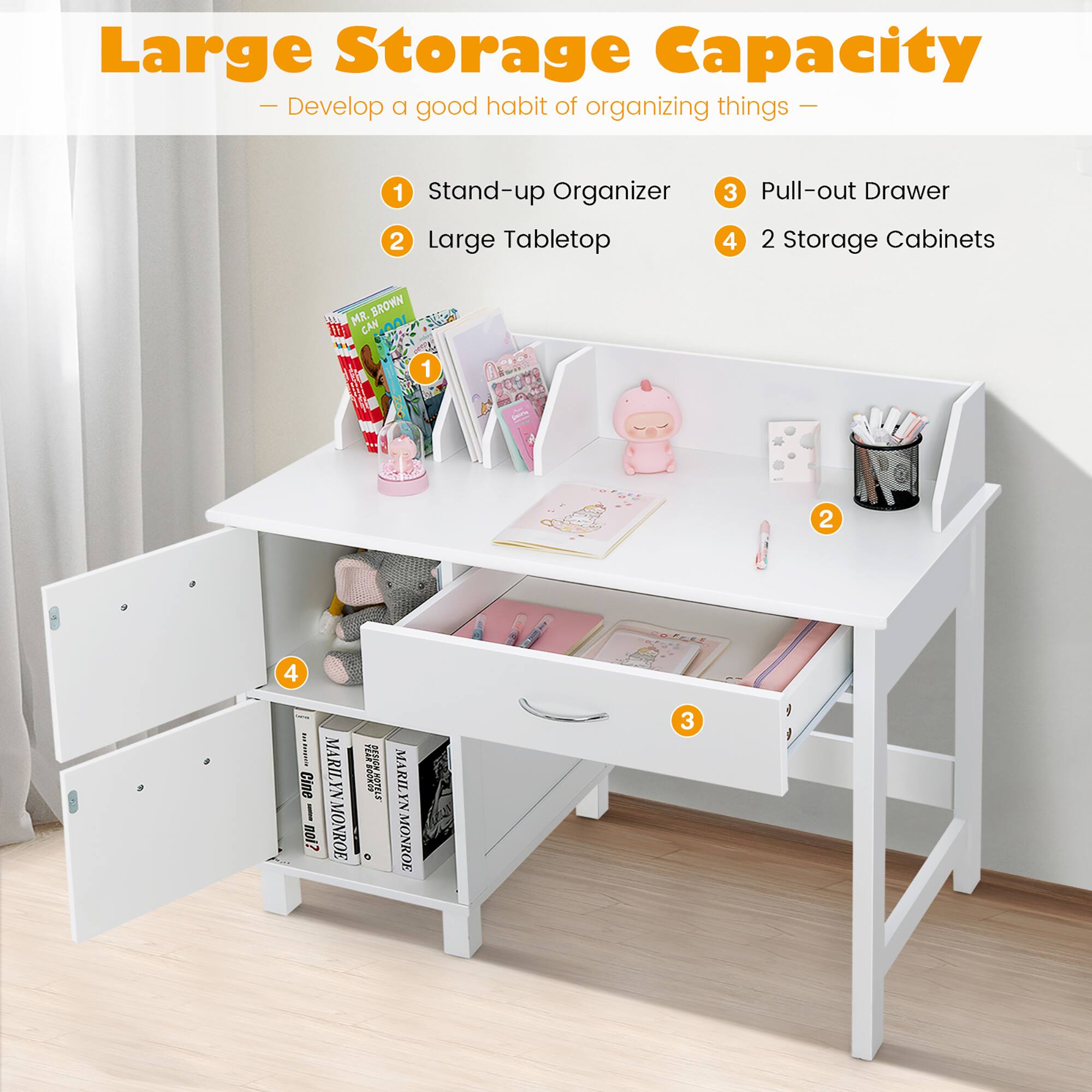 Large Storage Capacity  
- Develop a good habit of organizing things -  

1. Stand-up Organizer  
2. Large Tabletop  
3. Pull-out Drawer  
4. 2 Storage Cabinets  

MR. BROWN CAN  
MARILYN MONROE  
MARILYN MONROE  
MARILYN MONROE