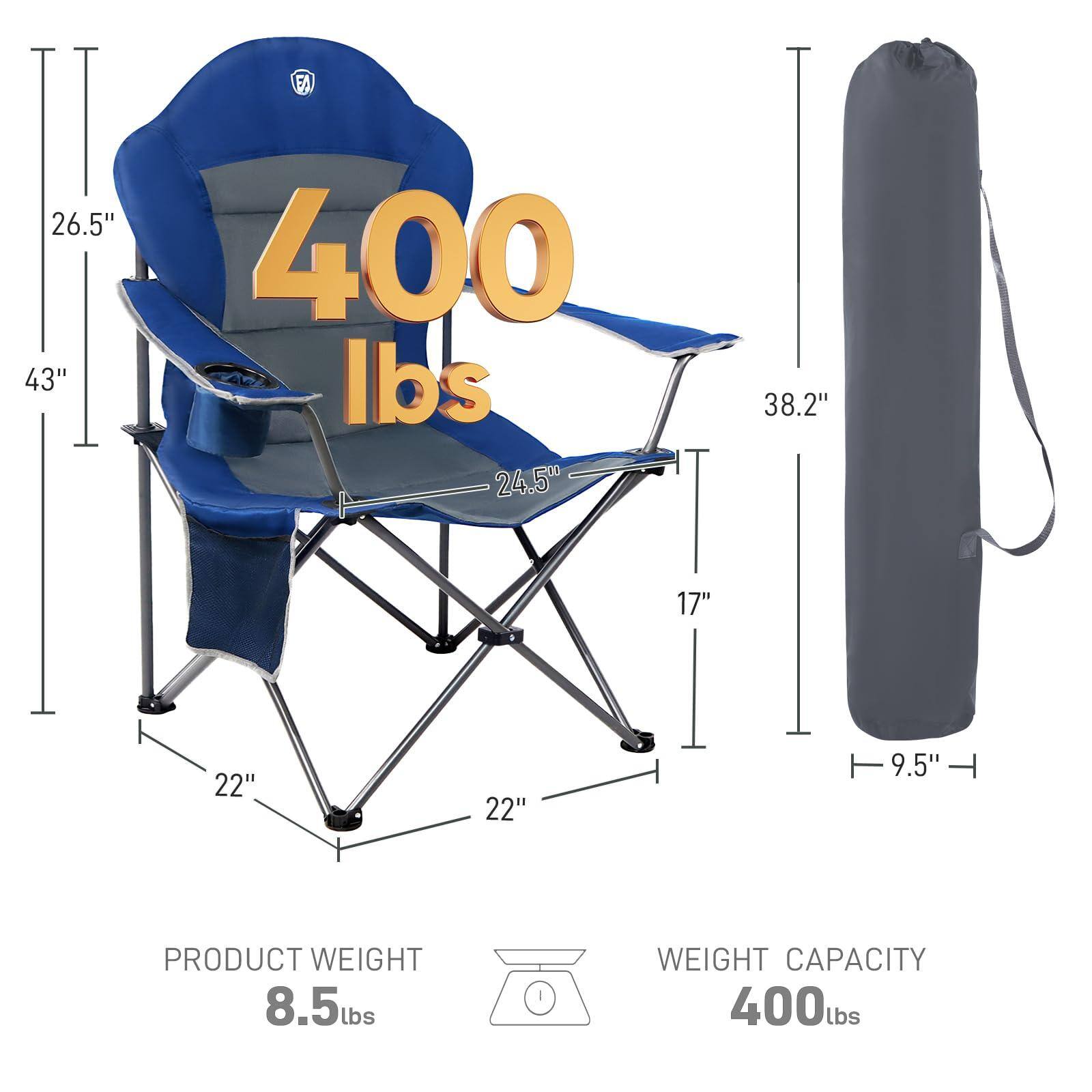 - Height: 43"
- Seat Height: 26.5"
- Seat Width: 24.5"
- Armrest Height: 38.2"
- Seat Depth: 17"
- Base Width: 22"
- Base Depth: 22"
- Folded Height: 9.5"
- Product Weight: 8.5 lbs
- Weight Capacity: 400 lbs