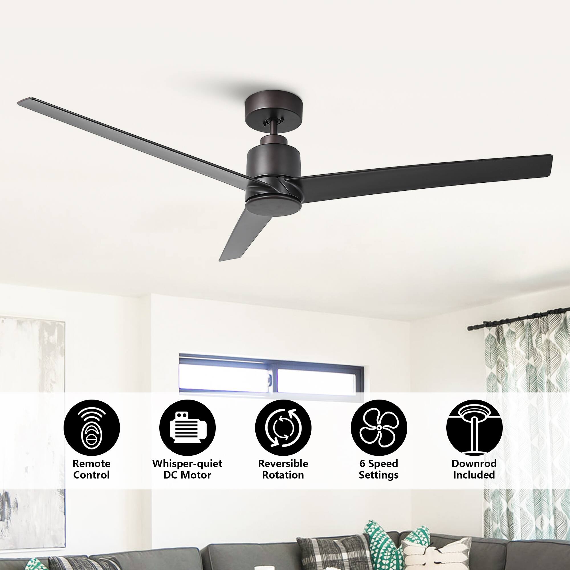 Remote Control  
Whisper-quiet DC Motor  
Reversible Rotation  
6 Speed Settings  
Downrod Included