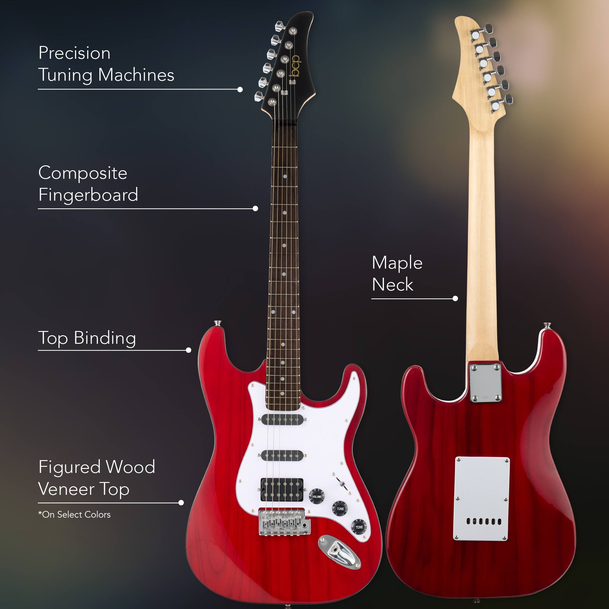 - Precision Tuning Machines
- Composite Fingerboard
- Top Binding
- Figured Wood Veneer Top *On Select Colors
- Maple Neck