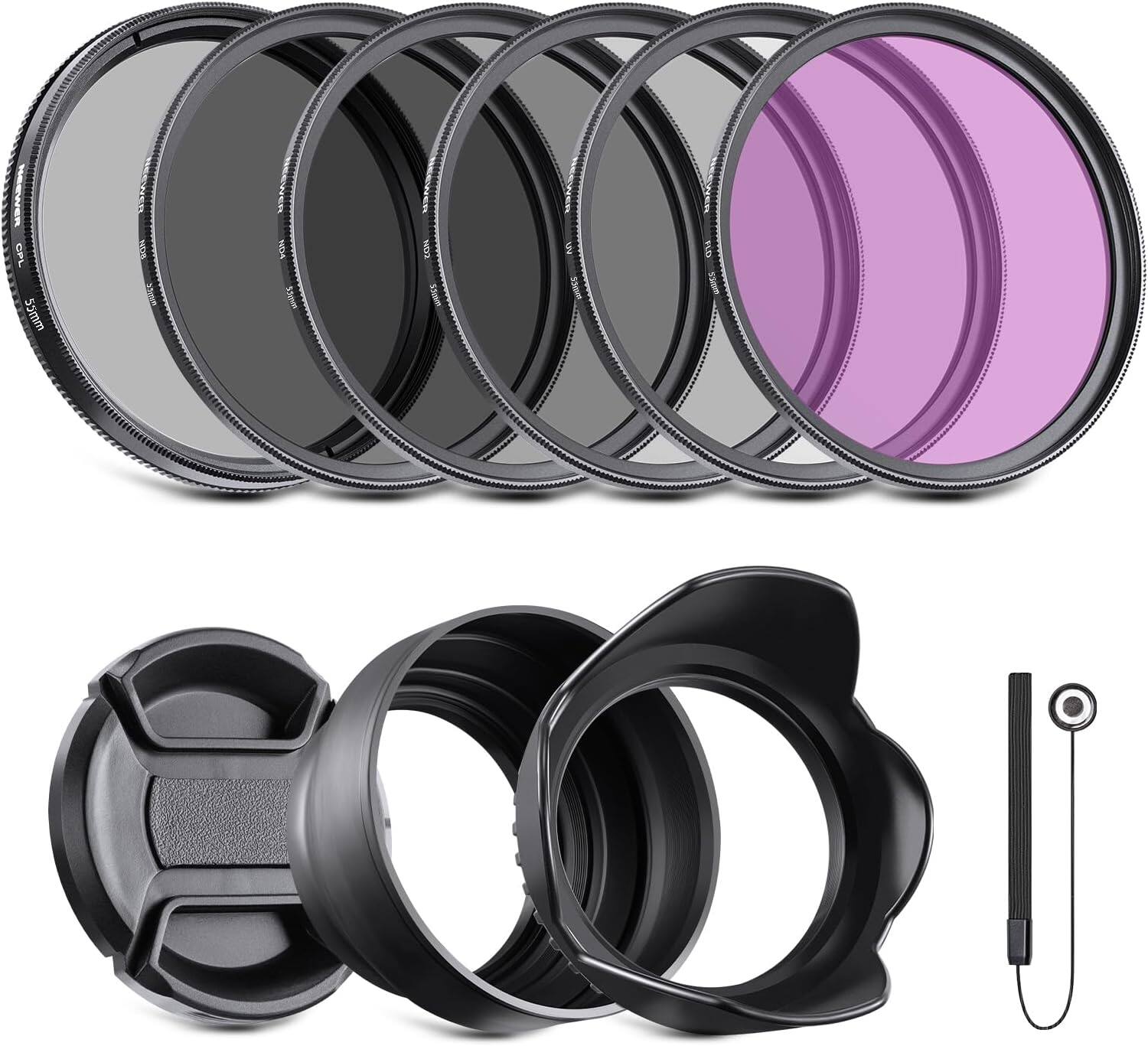 Neewer - 55mm 7-in-1 Filter Kit: ND2/4/8/UV/FLD/CPL, w/ Lens Cap & Tulip Hood