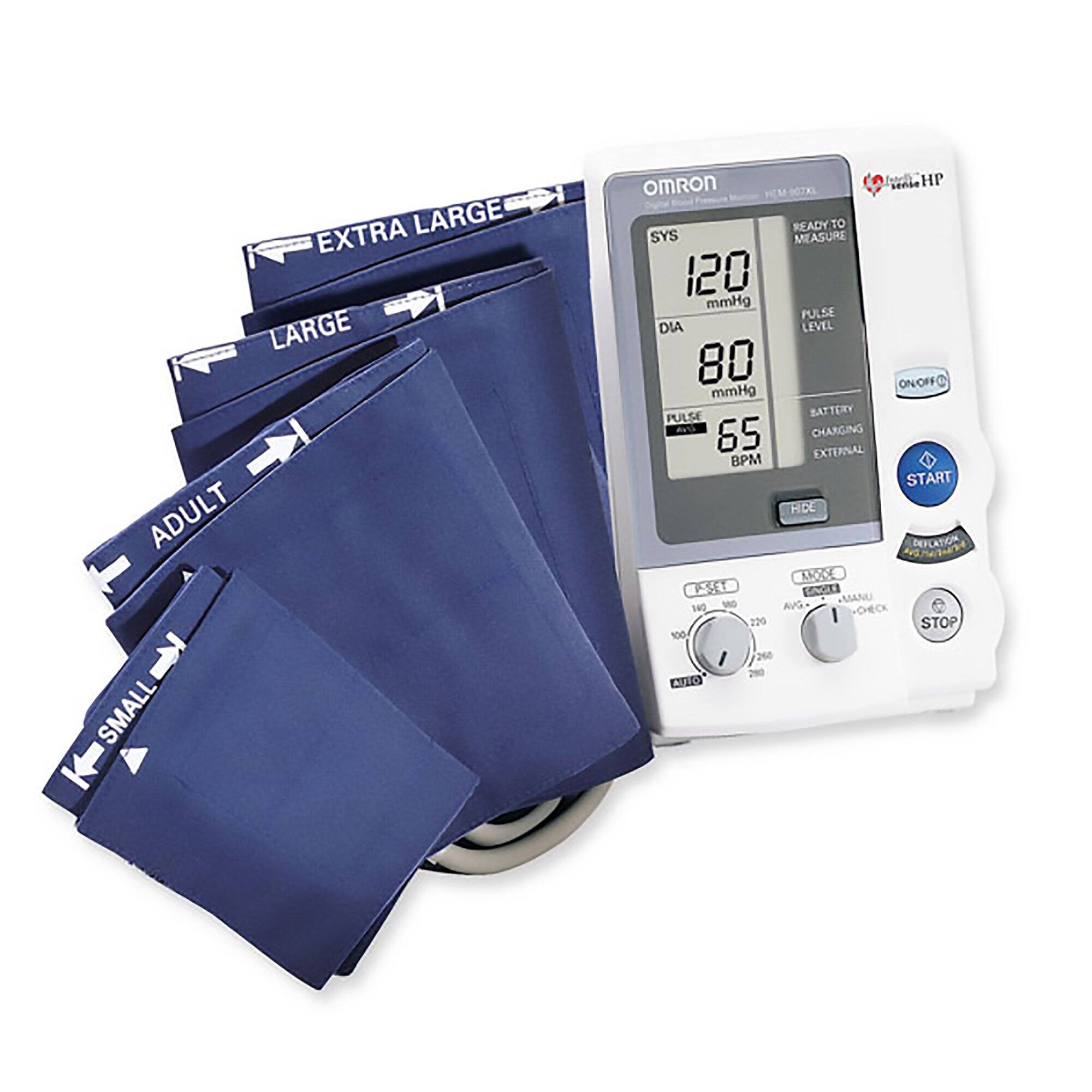 The text on the image is grouped and corrected as follows:

1. EXTRA LARGE LARGE ADULT SMALL: This text is grouped as "Extra Large, Large, Adult, Small."
2. Omron: This text is grouped as "Omron."
3. nnasc HP READY TO SYS MEASURE 120 mmHg PULSE DIA LEVEL 80 ON/OFF G mmHg PULSE BATTERY A CHARGING 65 EXTERNAL BPM START HDE DEFLATION LX PSET CMs SG MANU SNG AVG CHECK 220 STOP 100 I 268 AN: This text is grouped as "nnasc HP READY TO SYS MEASURE 120 mmHg PULSE DIA LEVEL 80 ON/OFF G mmHg PULSE BATTERY A CHARGING 65 EXTERNAL BPM START HDE DEFLATION LX PSET CMs SG MANU SNG AVG CHECK 220 STOP 100 I 268 AN."