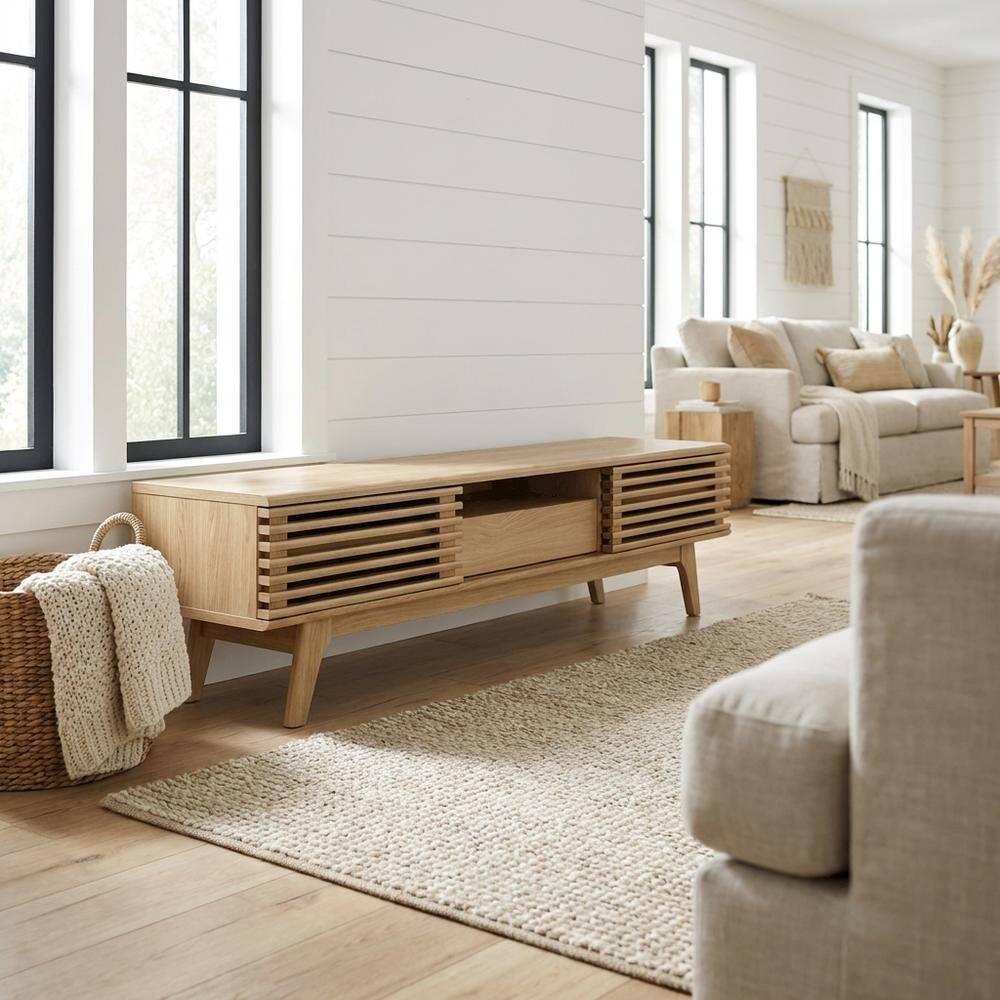 Angle. FurniFact - Wooden brown TV stand with spacious surface and modern design - Brown.