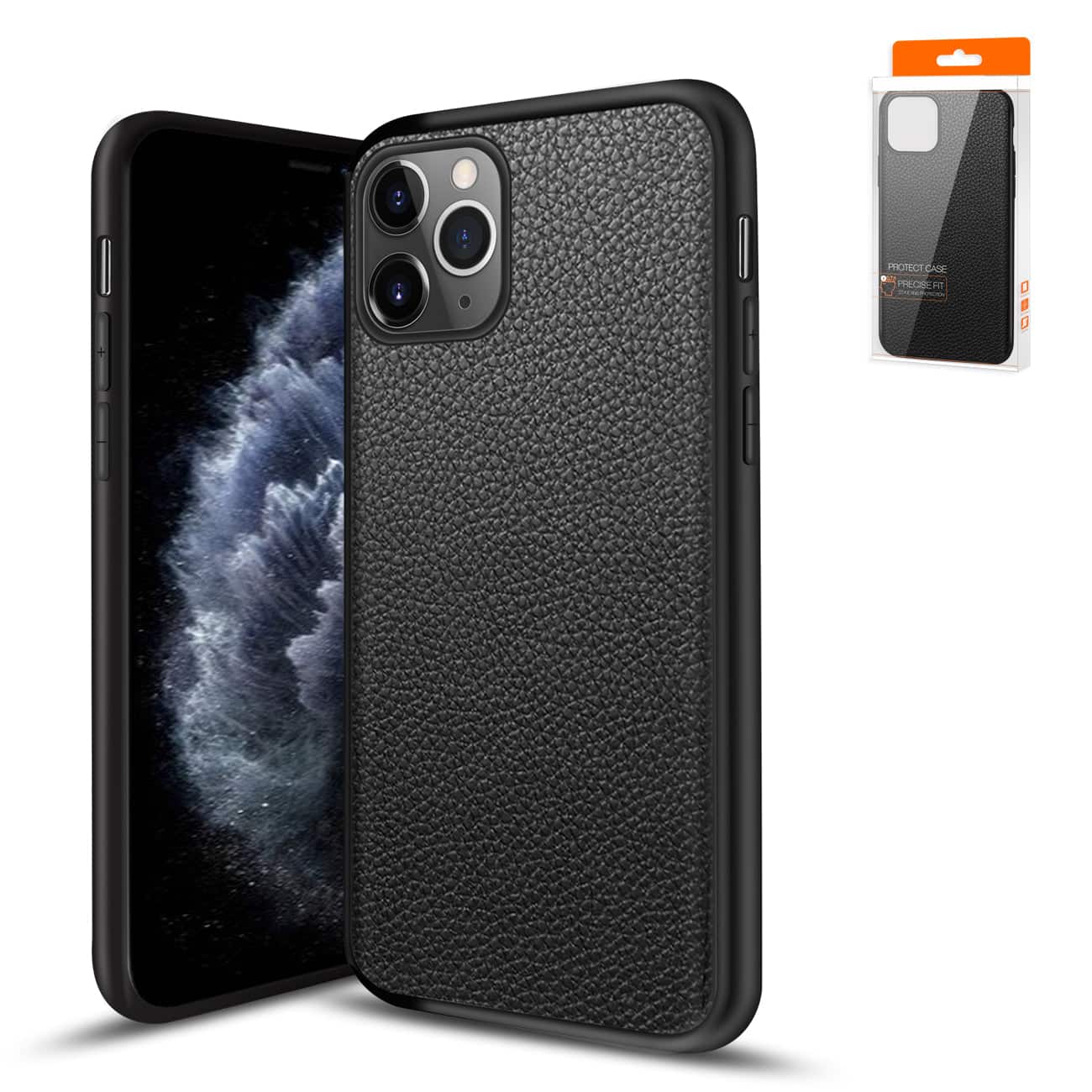 Reiko - Premium Pu Leather Outside And Flexible Tpu Silicone Hybrid Slim Case For Iphone 11 Pro Max - Black