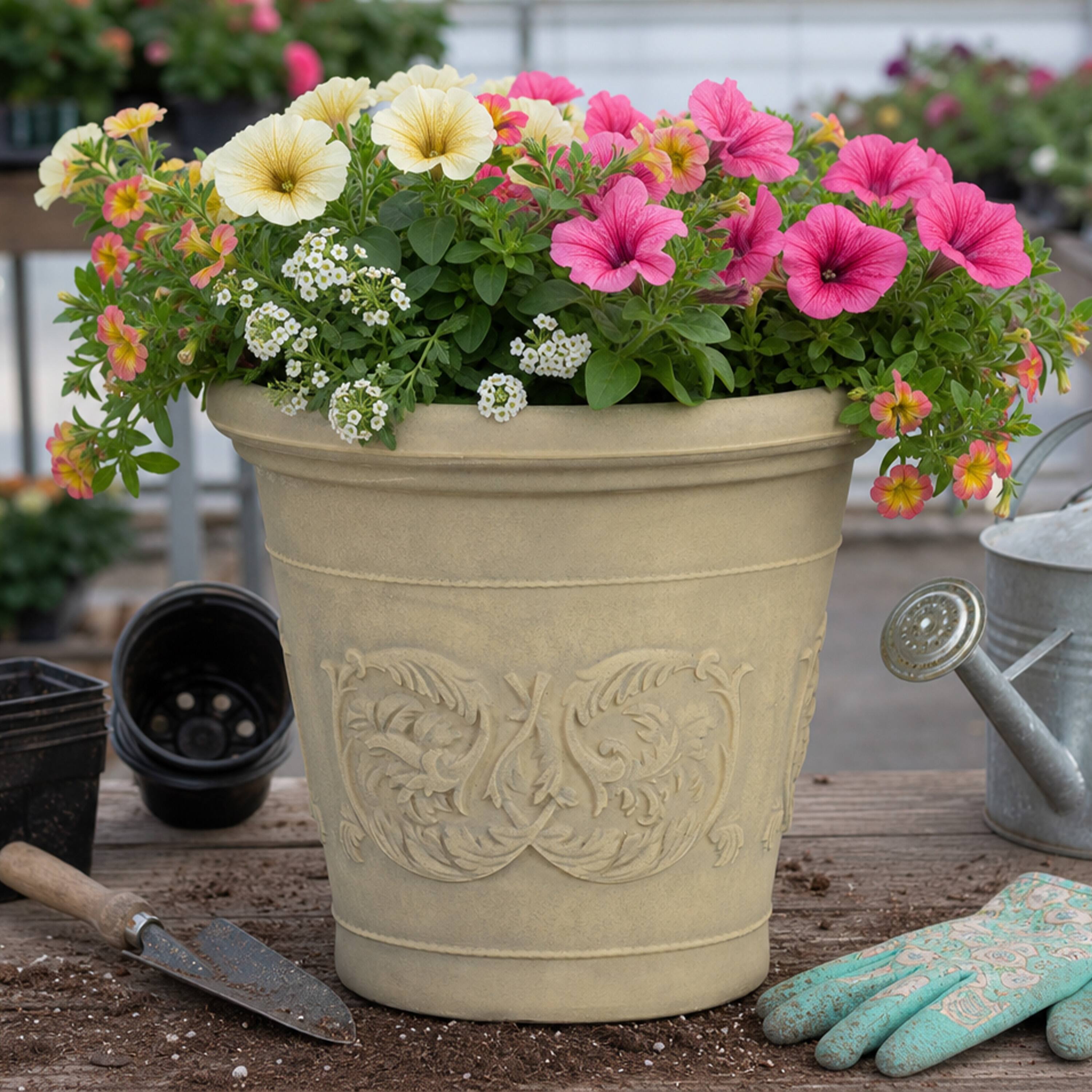 Alt View 9. Sunnydaze - 16 in Arabella Polyresin Outdoor Planter - Set of 4 - Beige.