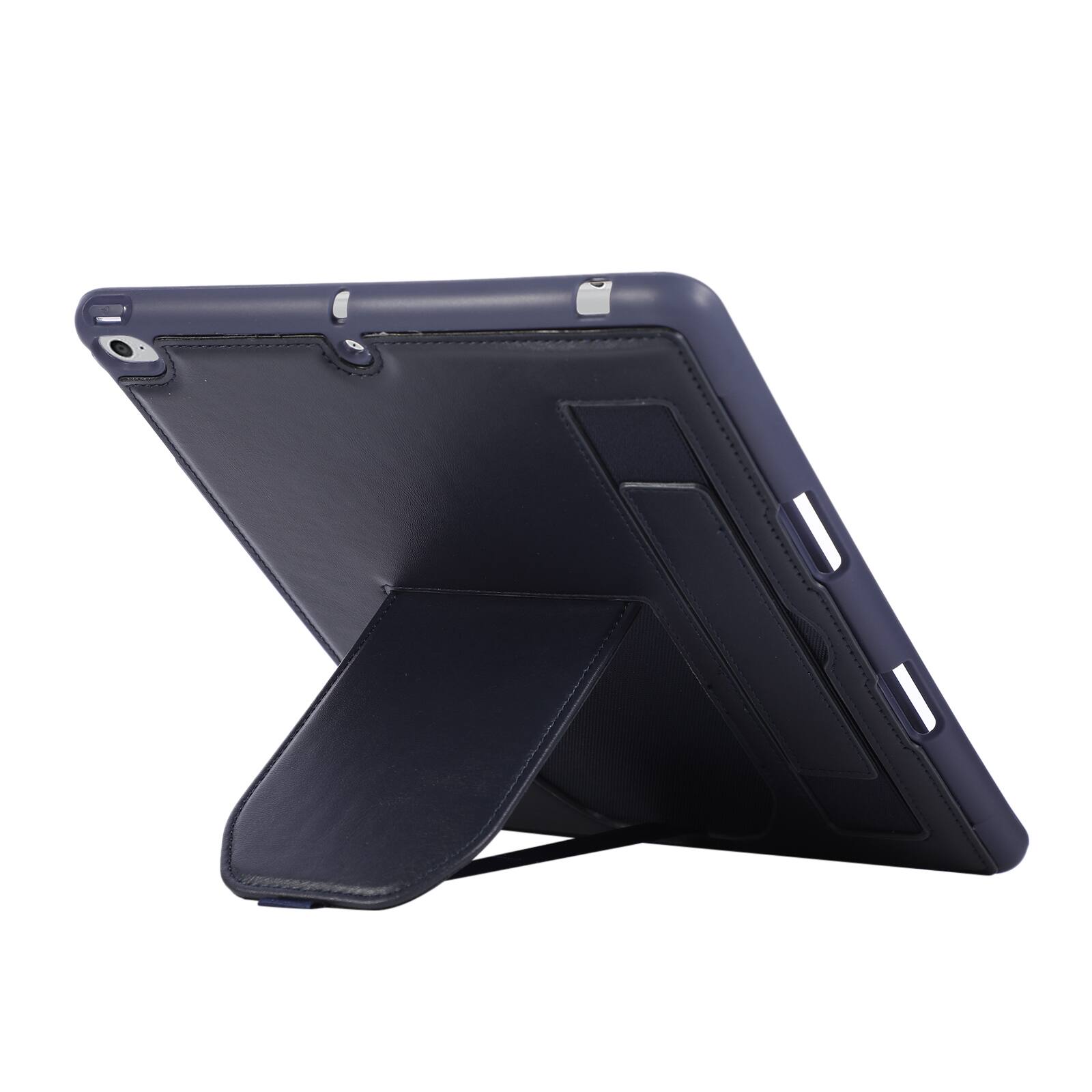Left. Dteck - Shockproof Case for Apple iPad (6th Generation) 9.7" 2018 with Hand Strap and Kickstand, PU Leather TPU Protective Cover - Blue.